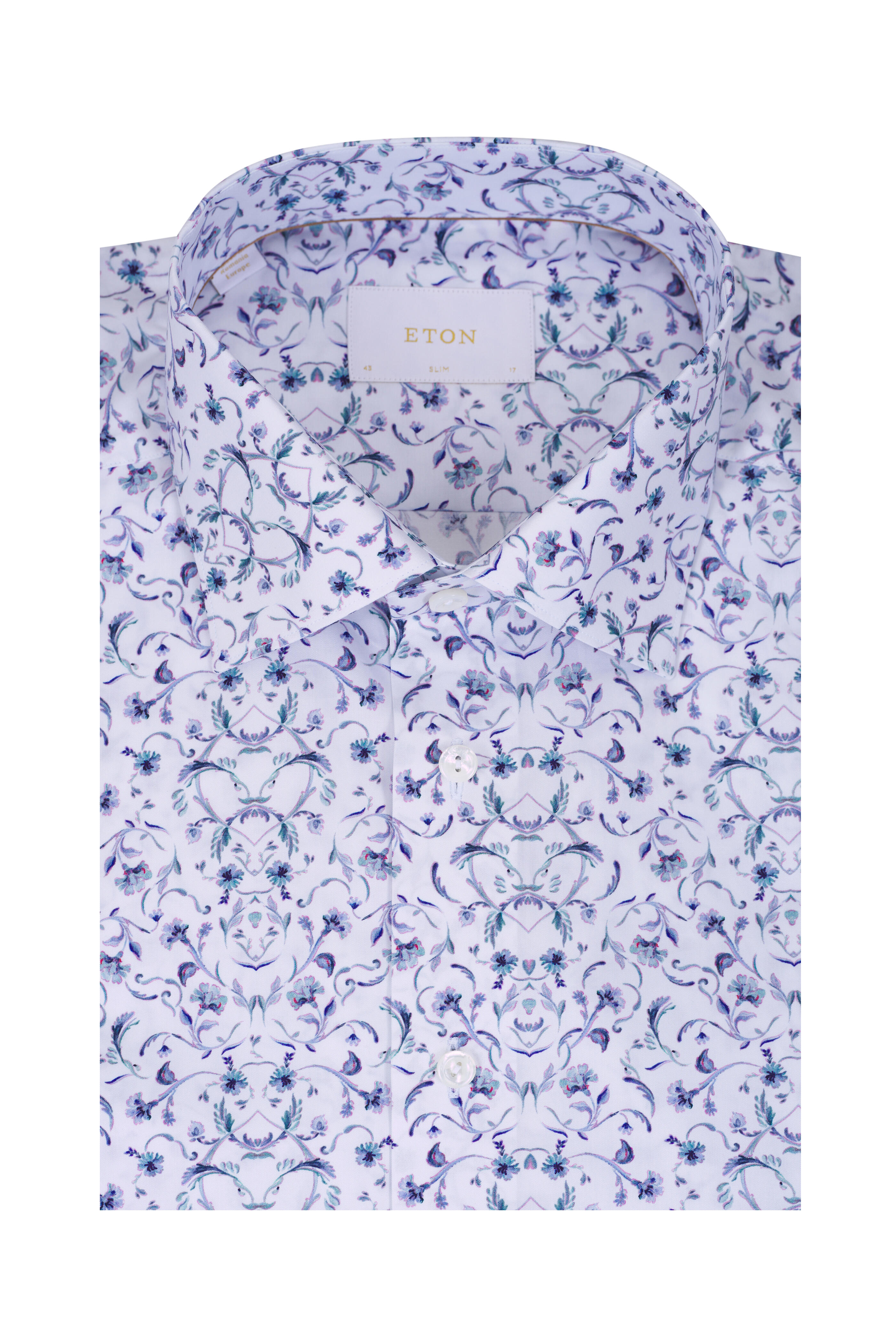 Eton - White & Blue Floral Print Cotton Dress Shirt