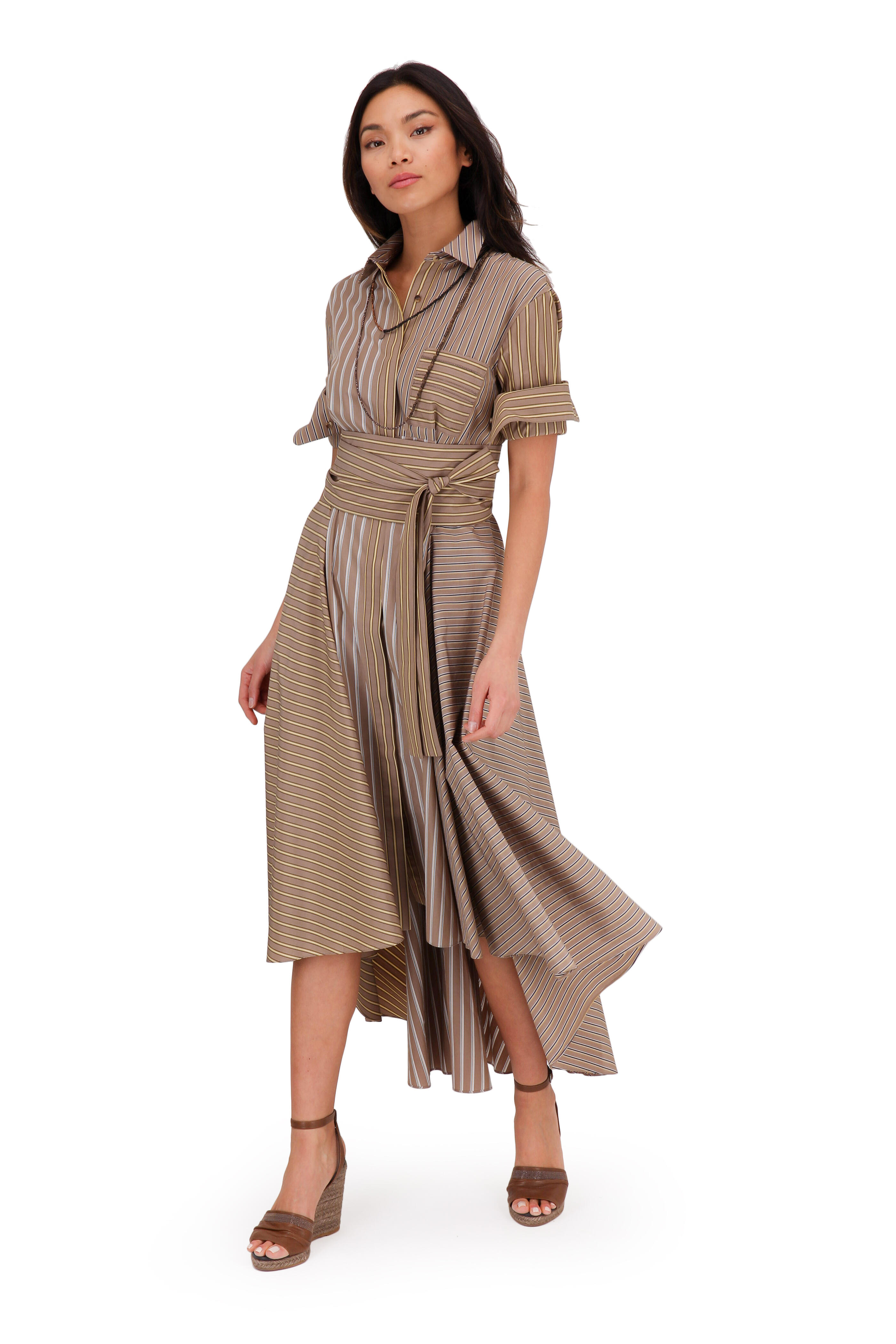 Striped Cotton And Silk Maxi Dress in Brown - Brunello Cucinelli