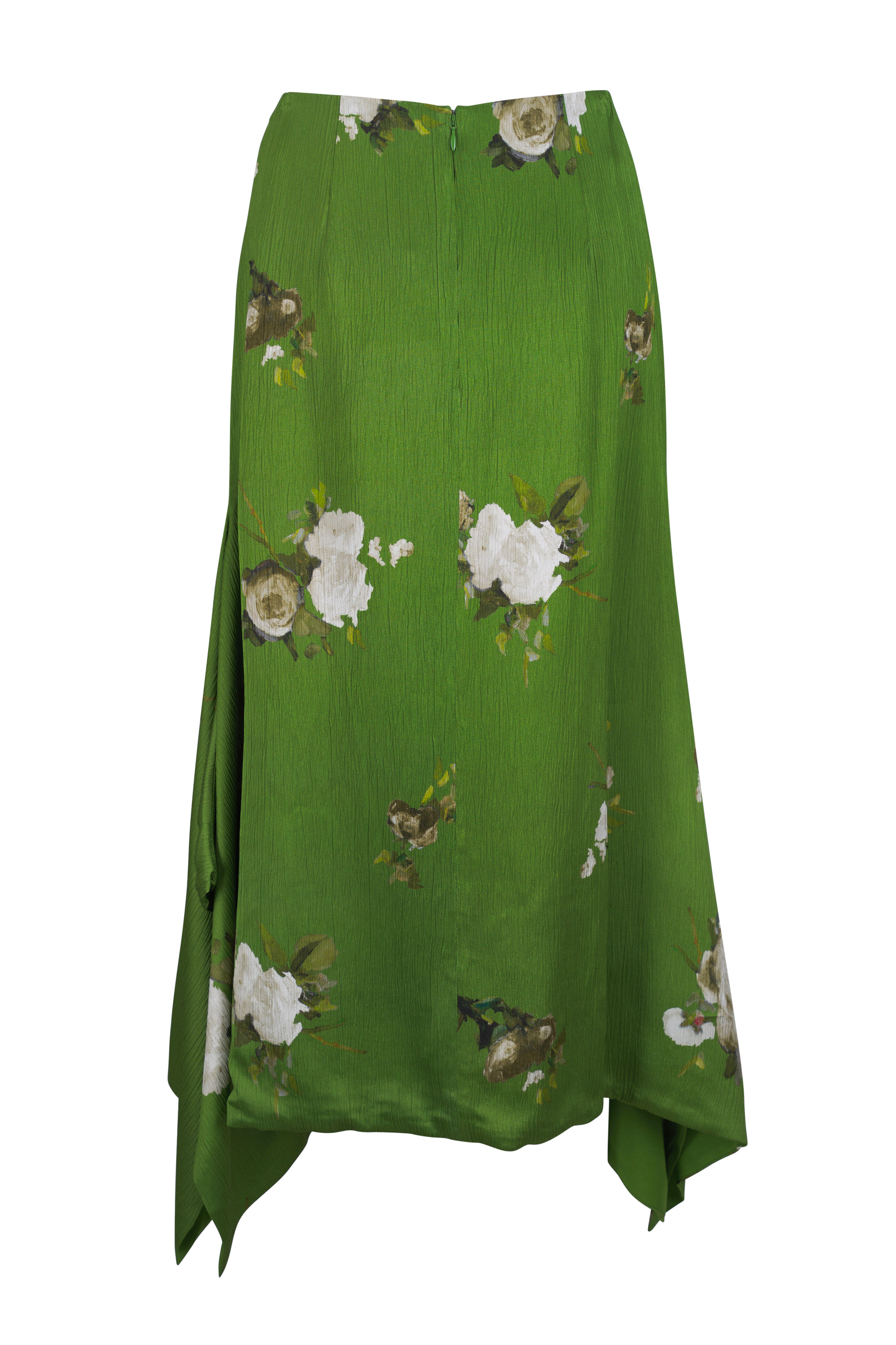 Erdem - Olive Painted Rose Bouquet Crinkled Satin Skirt