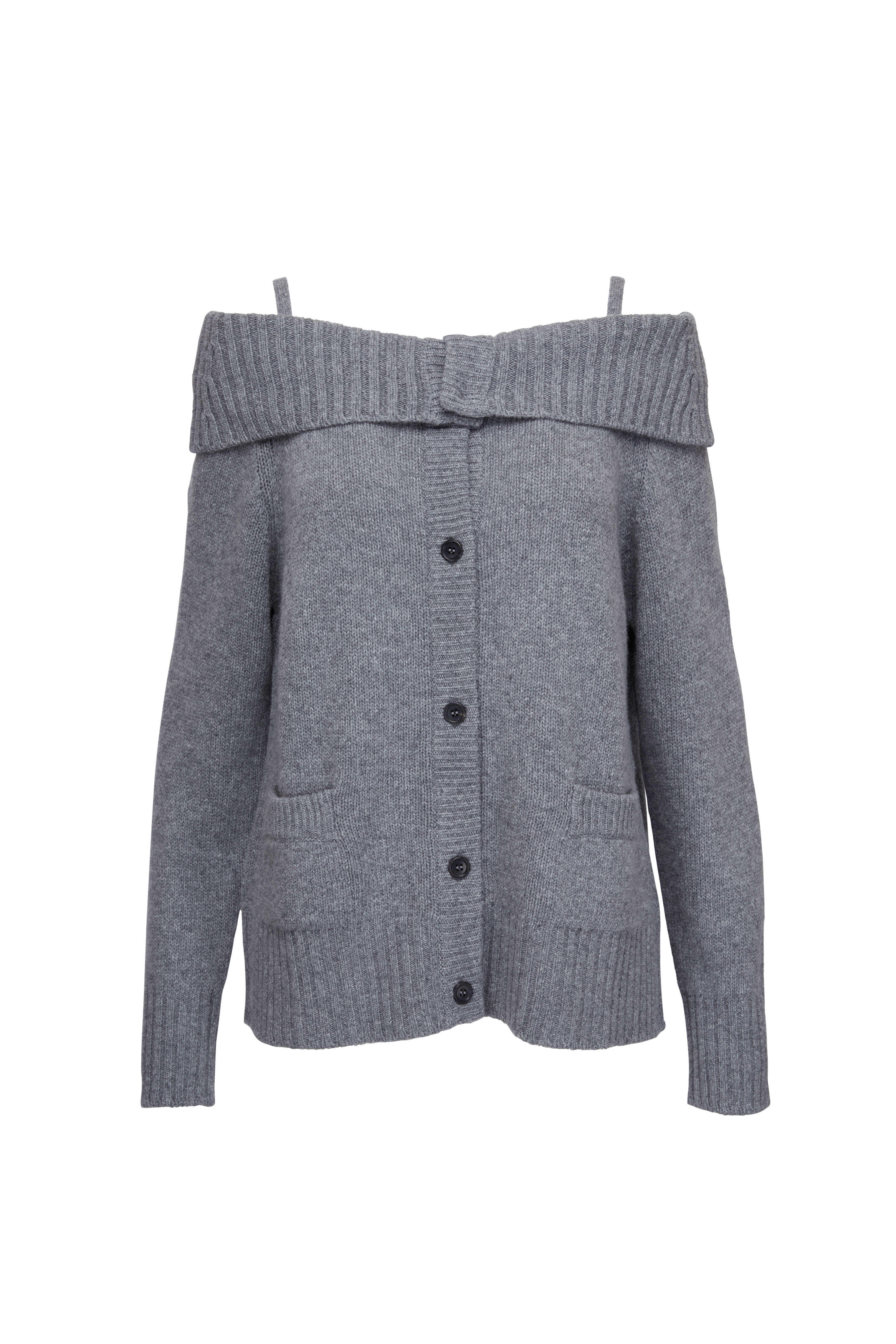 Prada - Grey Wool & Cashmere Off-Shoulder Cardigan