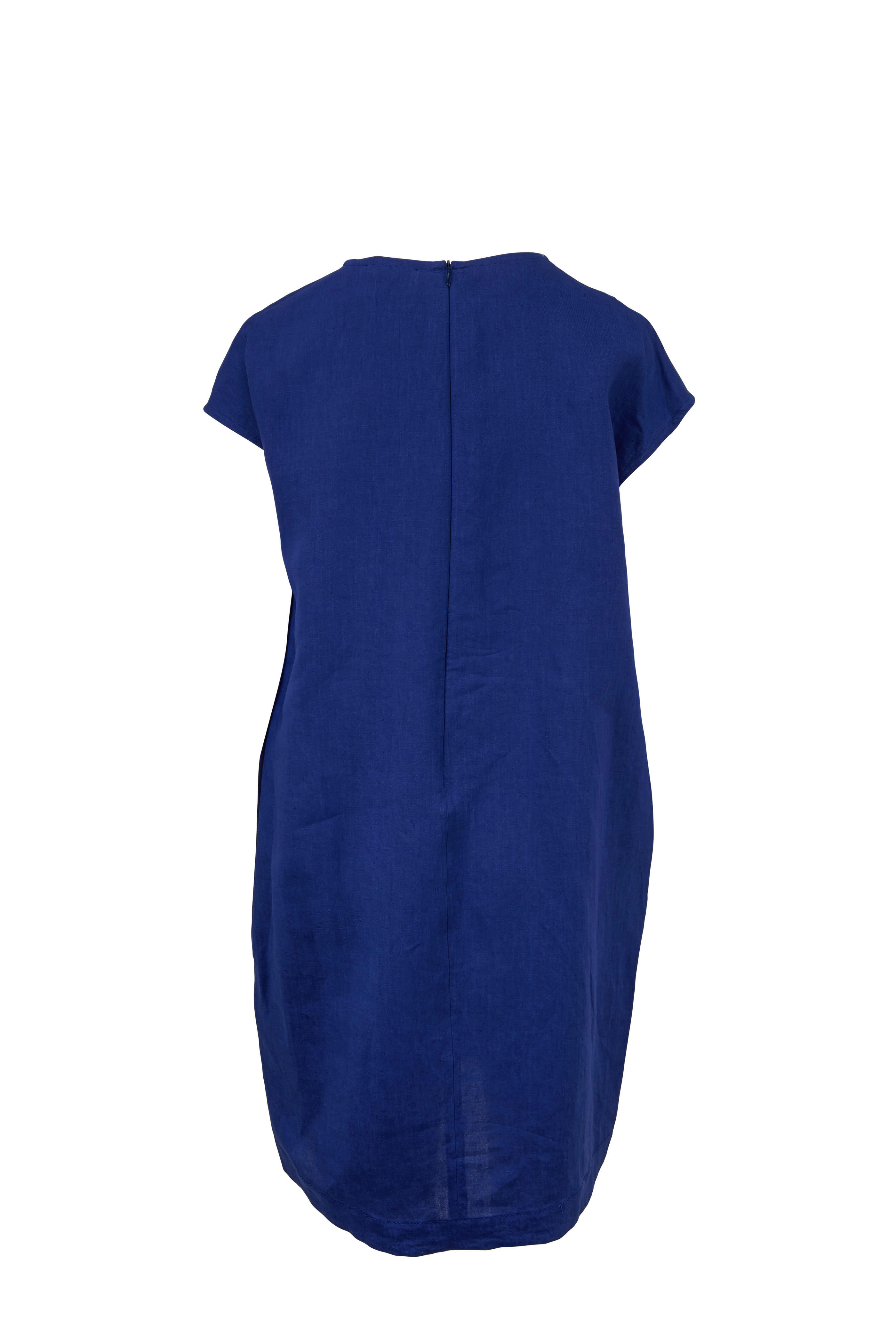 Antonelli - Lamped Blue Linen Cap Sleeve Dress