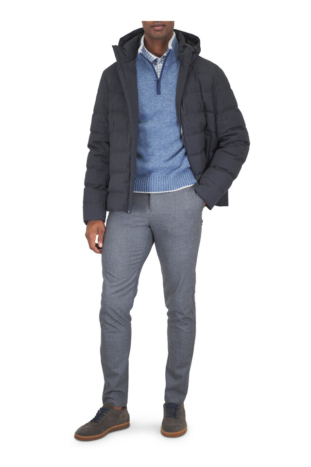 Designer outfit featuring Fiorano Brown Suede Low Top Sneaker and Gray Flannel Short Puffer