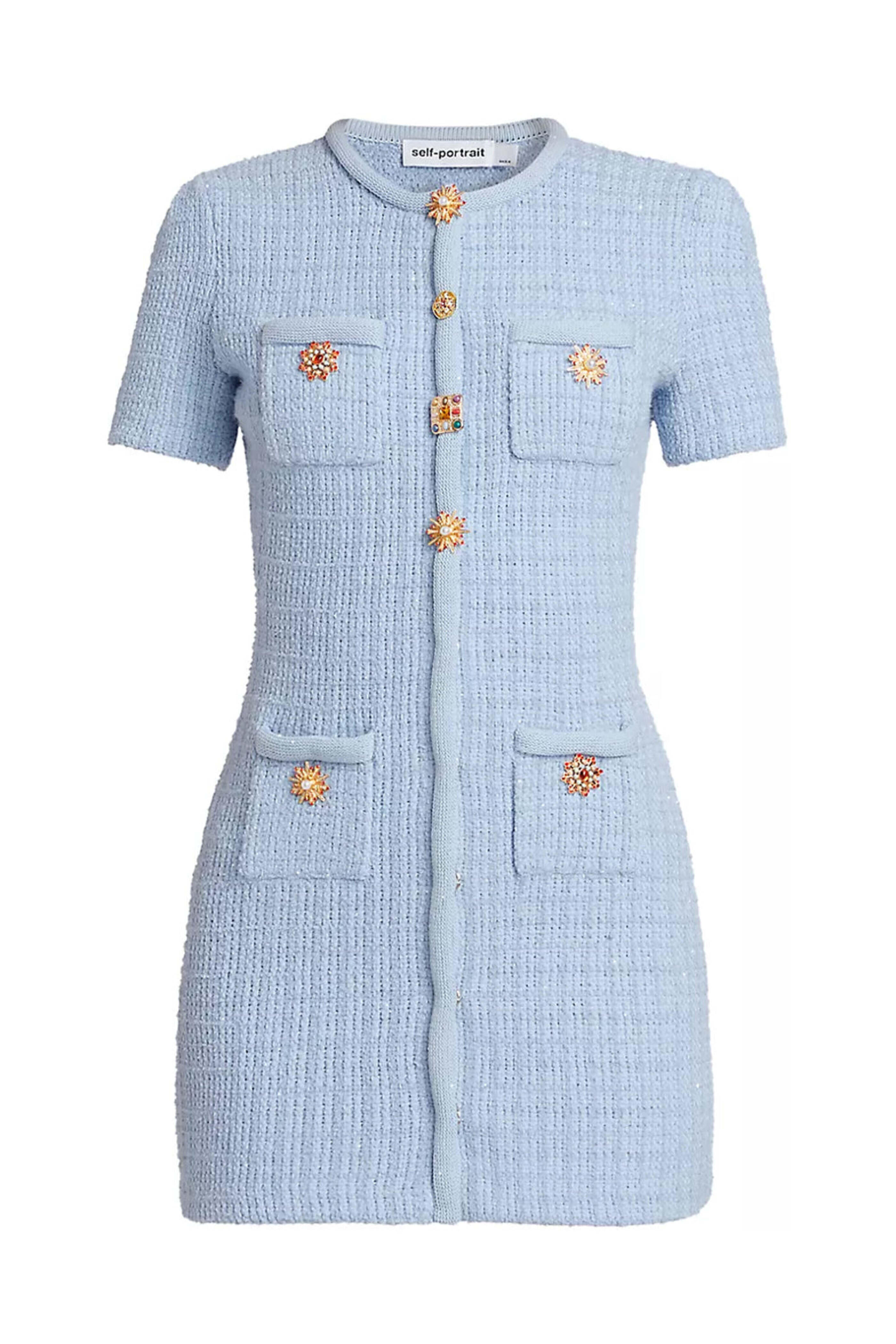 【SELF PORTRAIT 】LIGHT BLUE COTTON MINI DRESS Self Portrait Light Blue Cotton Broderie Anglaise Mini Dress