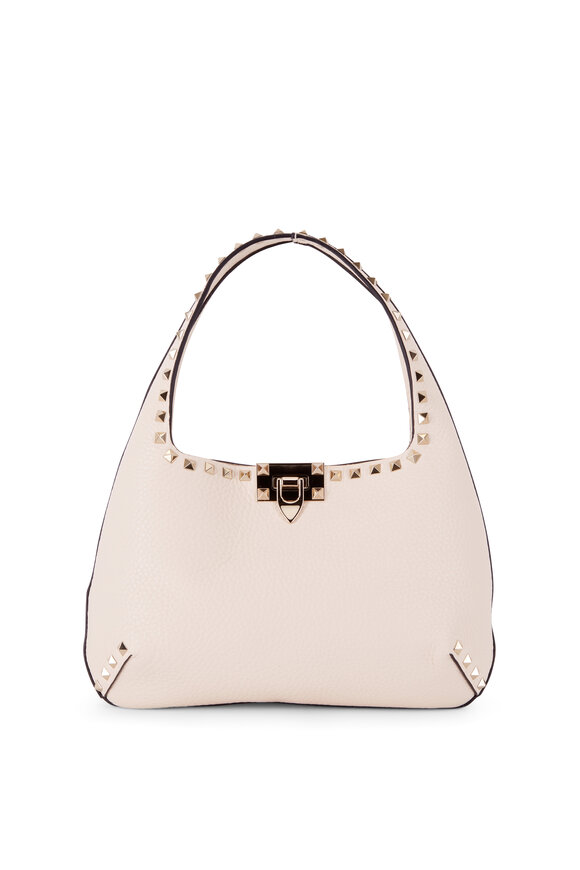 Valentino Garavani Rockstud Light Ivory Leather Small Hobo Bag