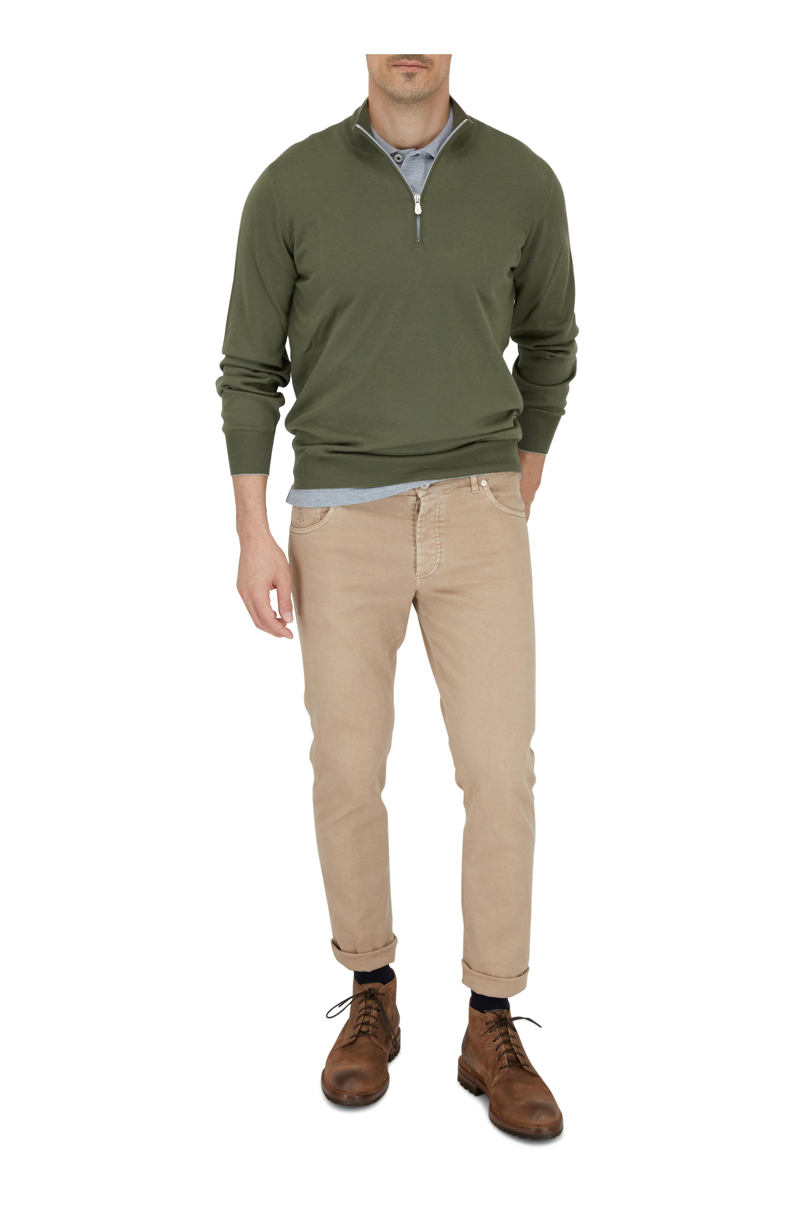 Brunello Cucinelli - Olive Wool & Cashmere Quarter Zip Pullover