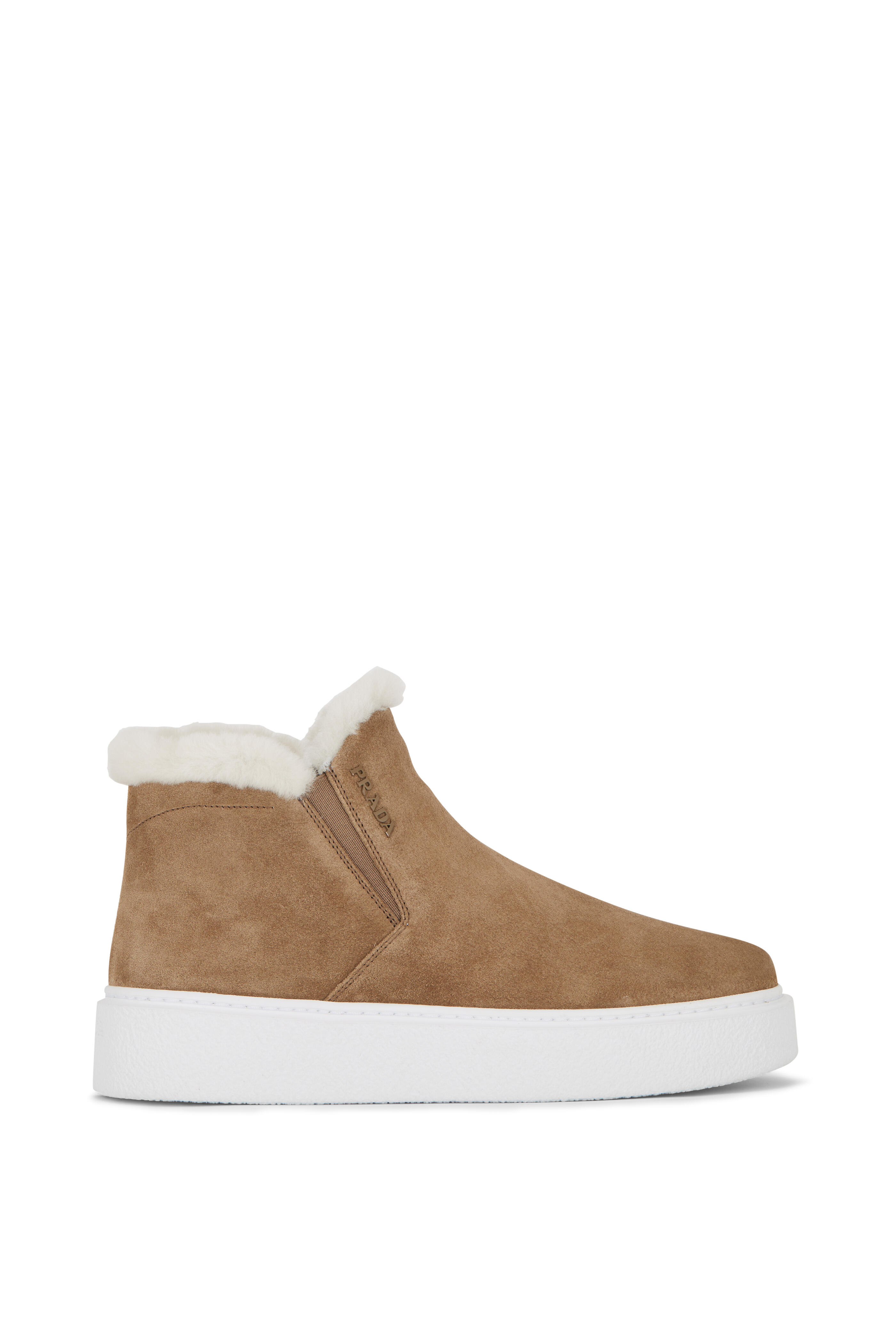 Prada - Tan Suede Shearling Ankle Boot | Mitchell Stores