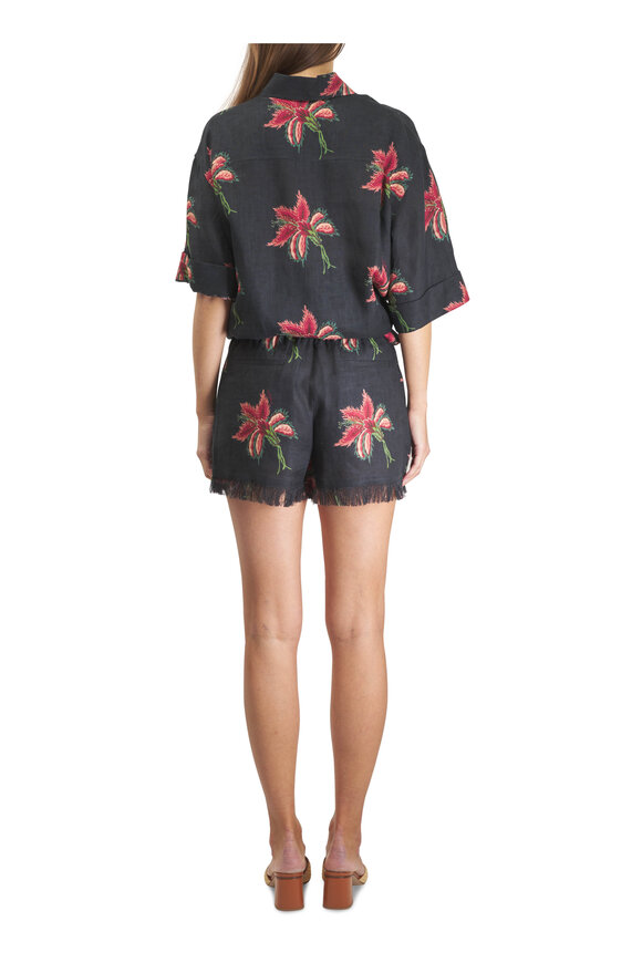 Valentino Black Floral Print Linen Button Up Shirt - view 4