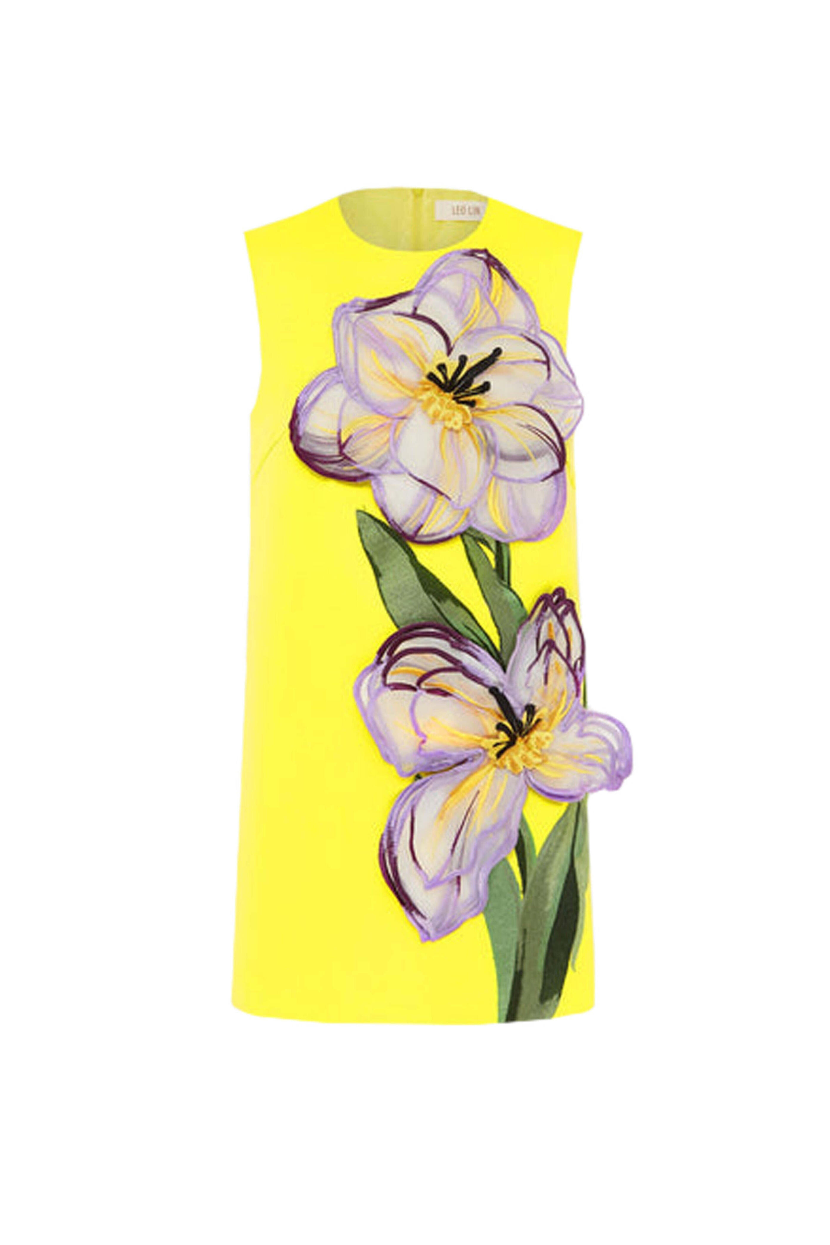 Leo Lin - Iris Yellow Floral Applique Yvonne Mini Dress