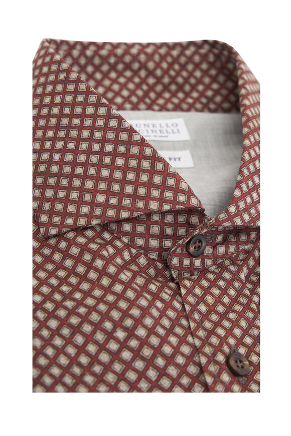 Brunello Cucinelli - Red Geometric Print Cotton Sport Shirt 