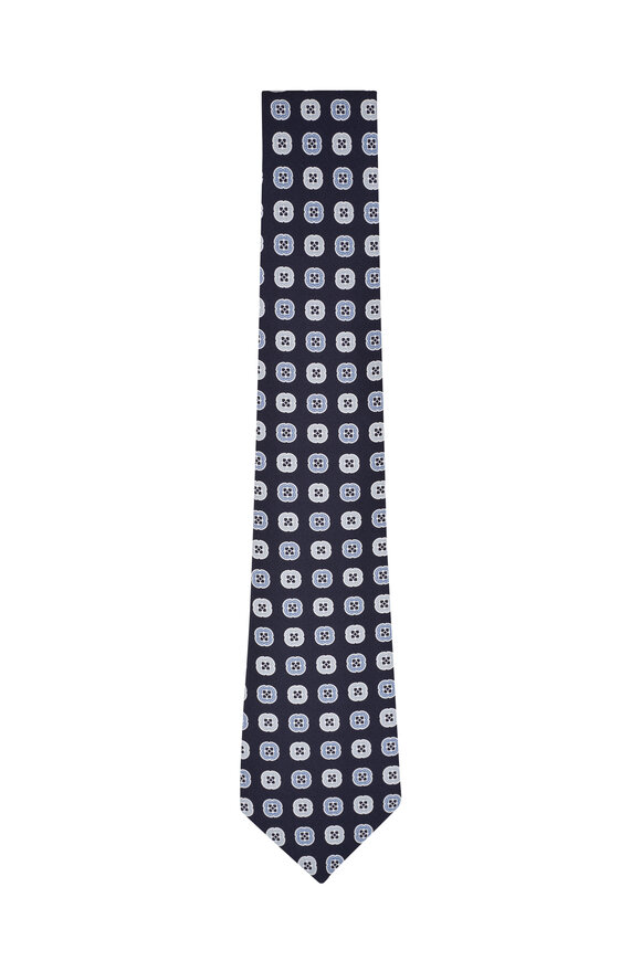 Kiton - Navy & Gray Coin Pattern Silk Necktie 