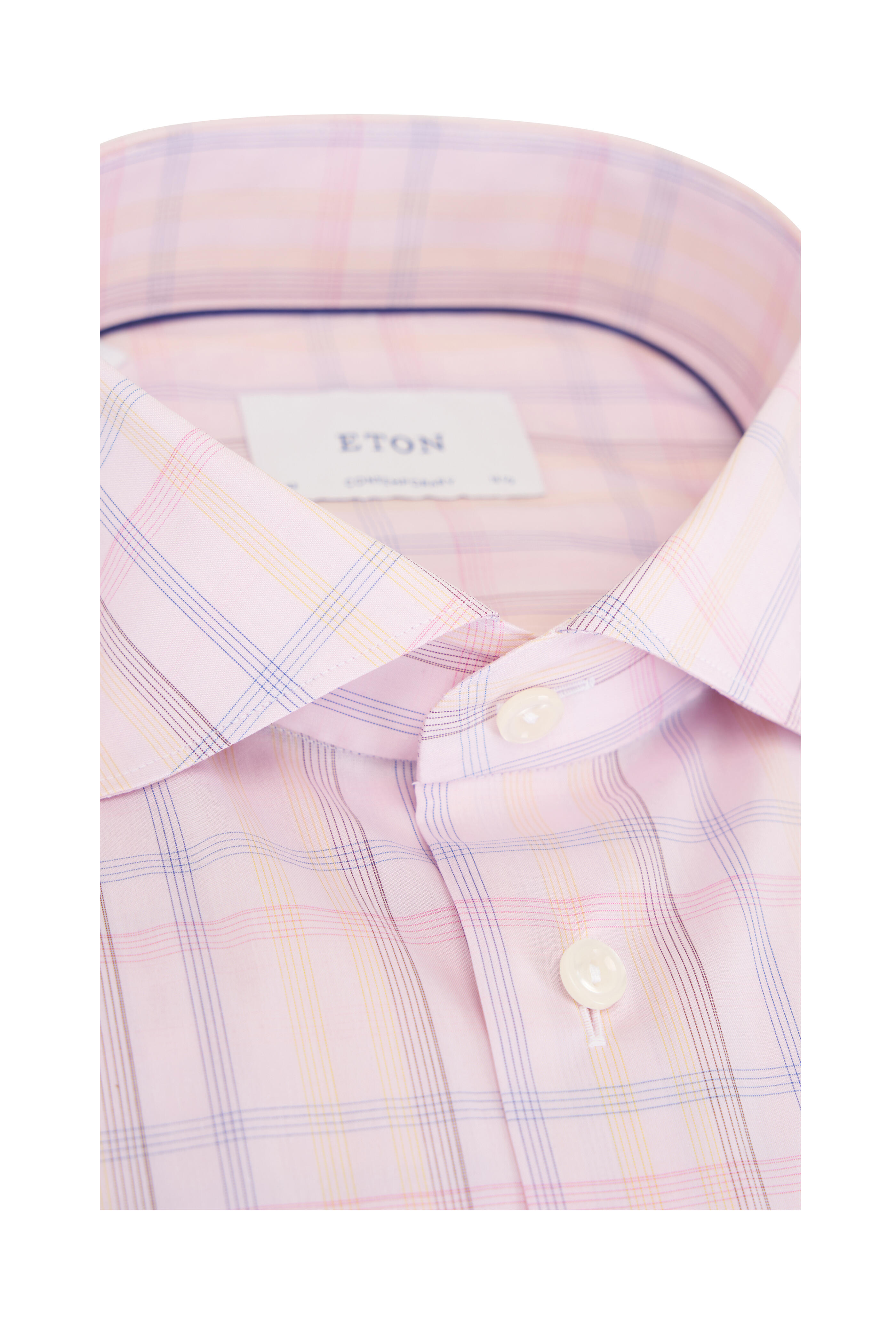 Eton - Pink Plaid Cotton Contemporary Fit Dress Shirt - view 6
