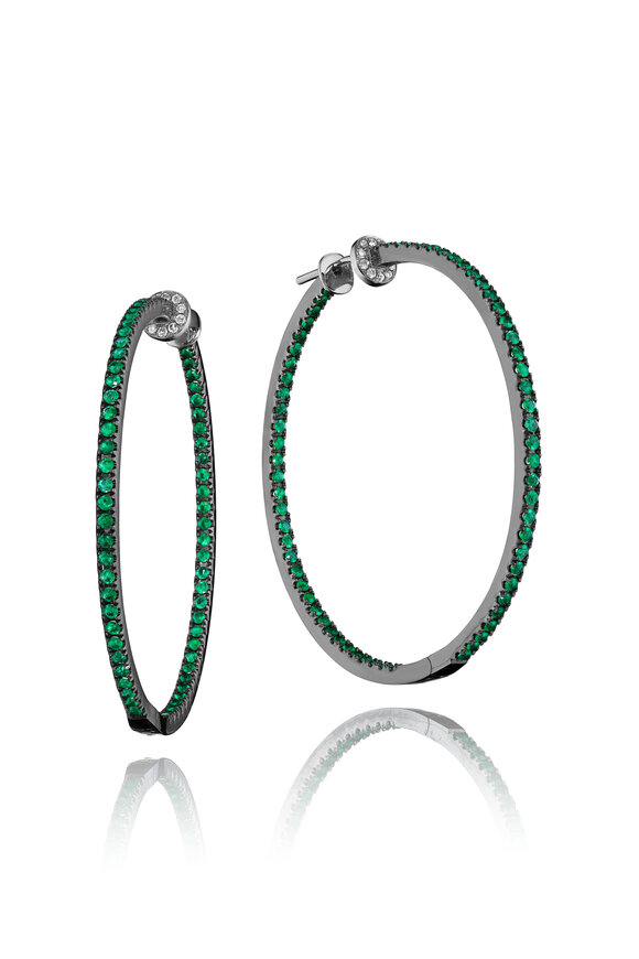 Nam Cho - 18k White Gold Basic Pave Emerald Hoops