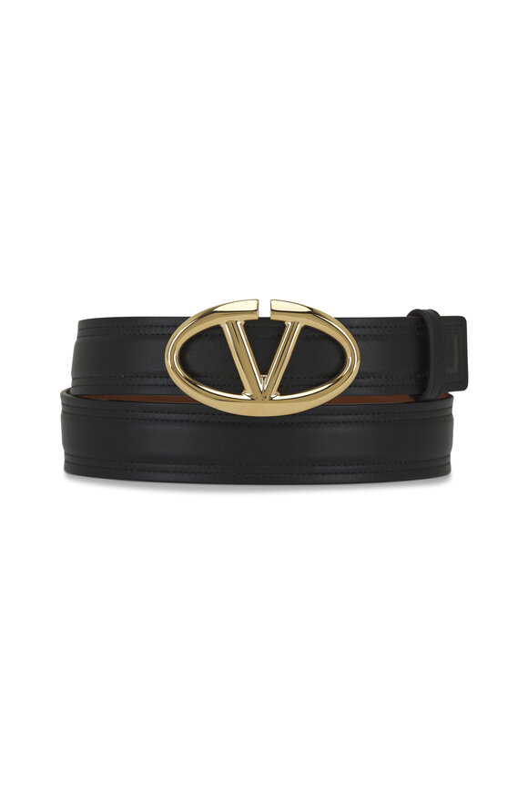 Valentino Garavani - Bold Edition Black & Tan Leather VLogo Belt