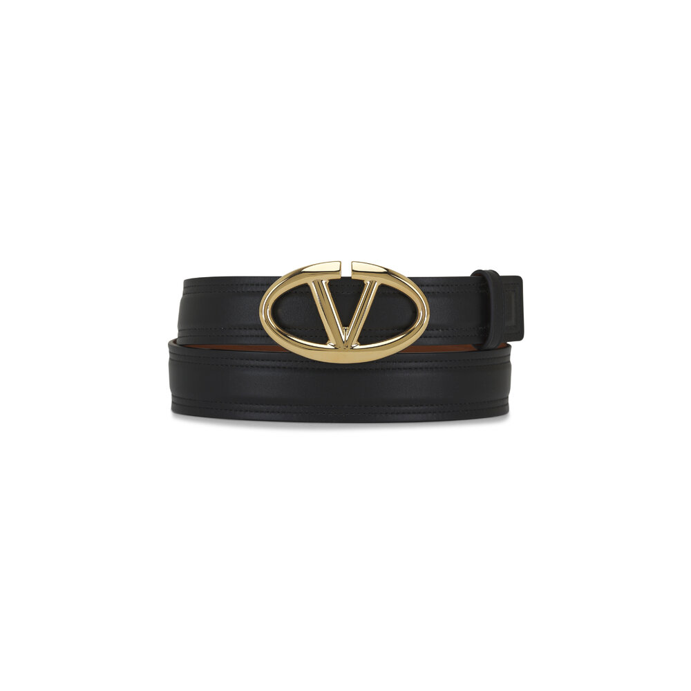【関税&送料込】Valentino Garavani Belts Black Valentino Garavani - Bold Edition Black & Tan Leather VLogo Belt