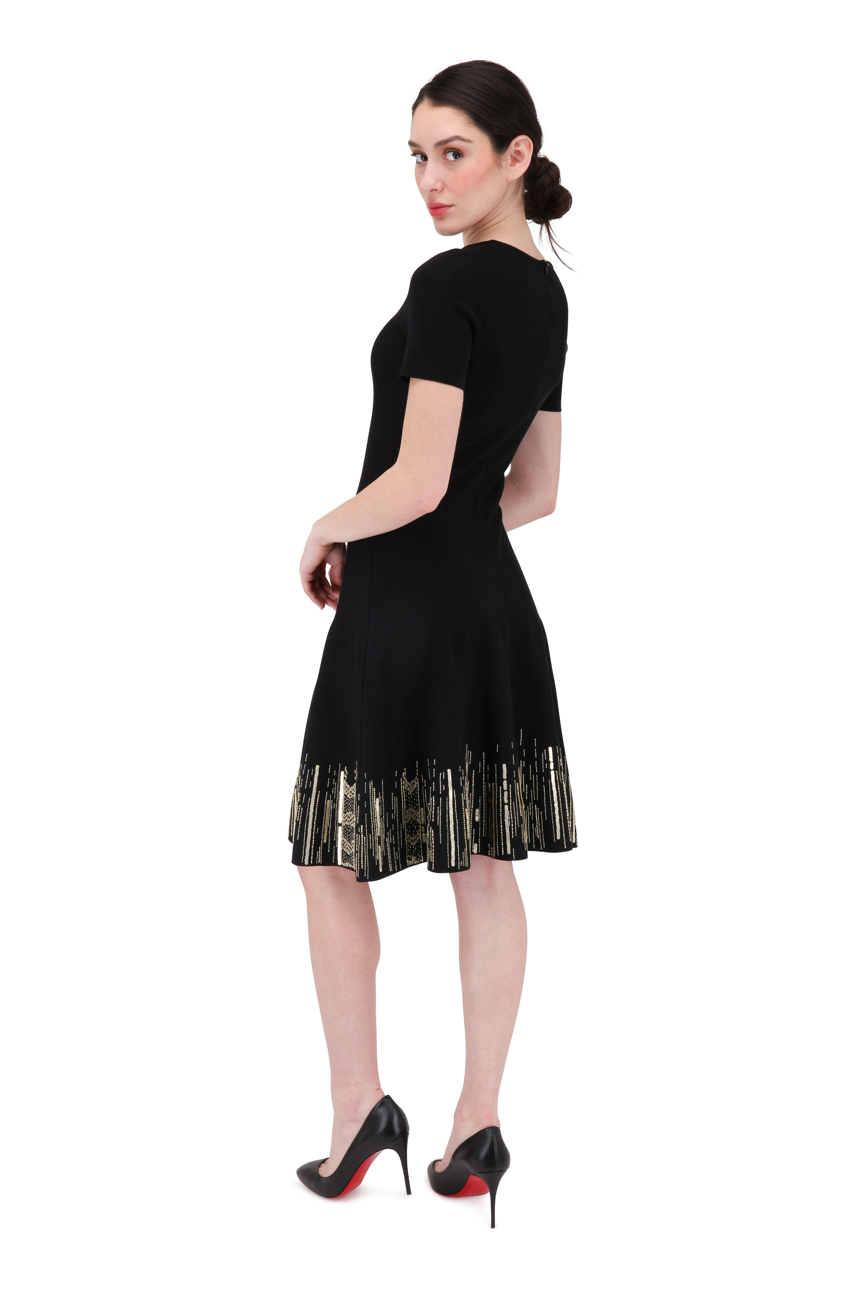 Oscar de la Renta - Black & Gold Embroidered Knit Dress