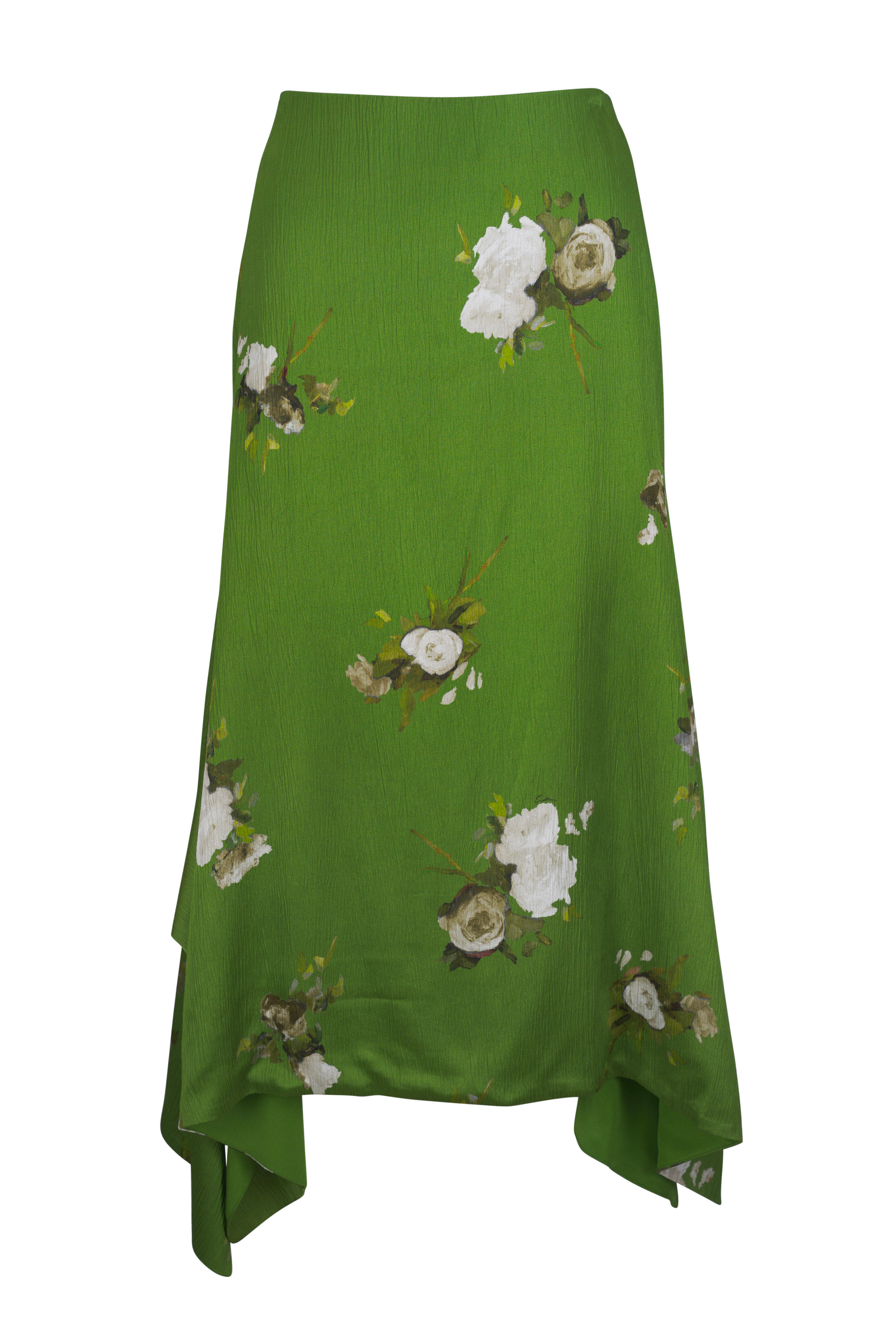 Erdem - Olive Painted Rose Bouquet Crinkled Satin Skirt