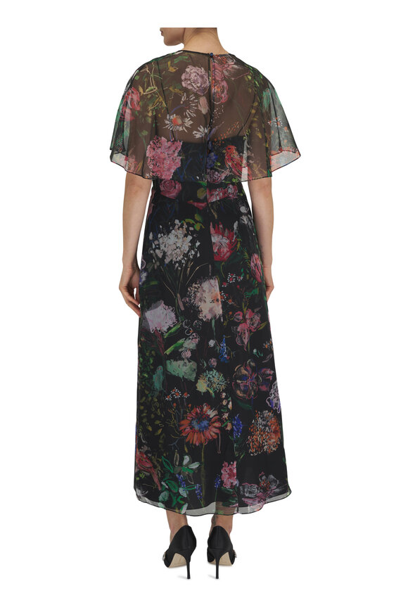 Lela Rose - Black Multi Floral Organza V-Neck Dress 