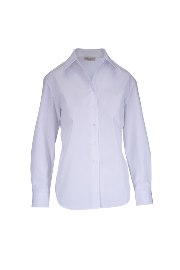 Lafayette 148 New York White Cotton Poplin Cinched Waist Button-Up Shirt
