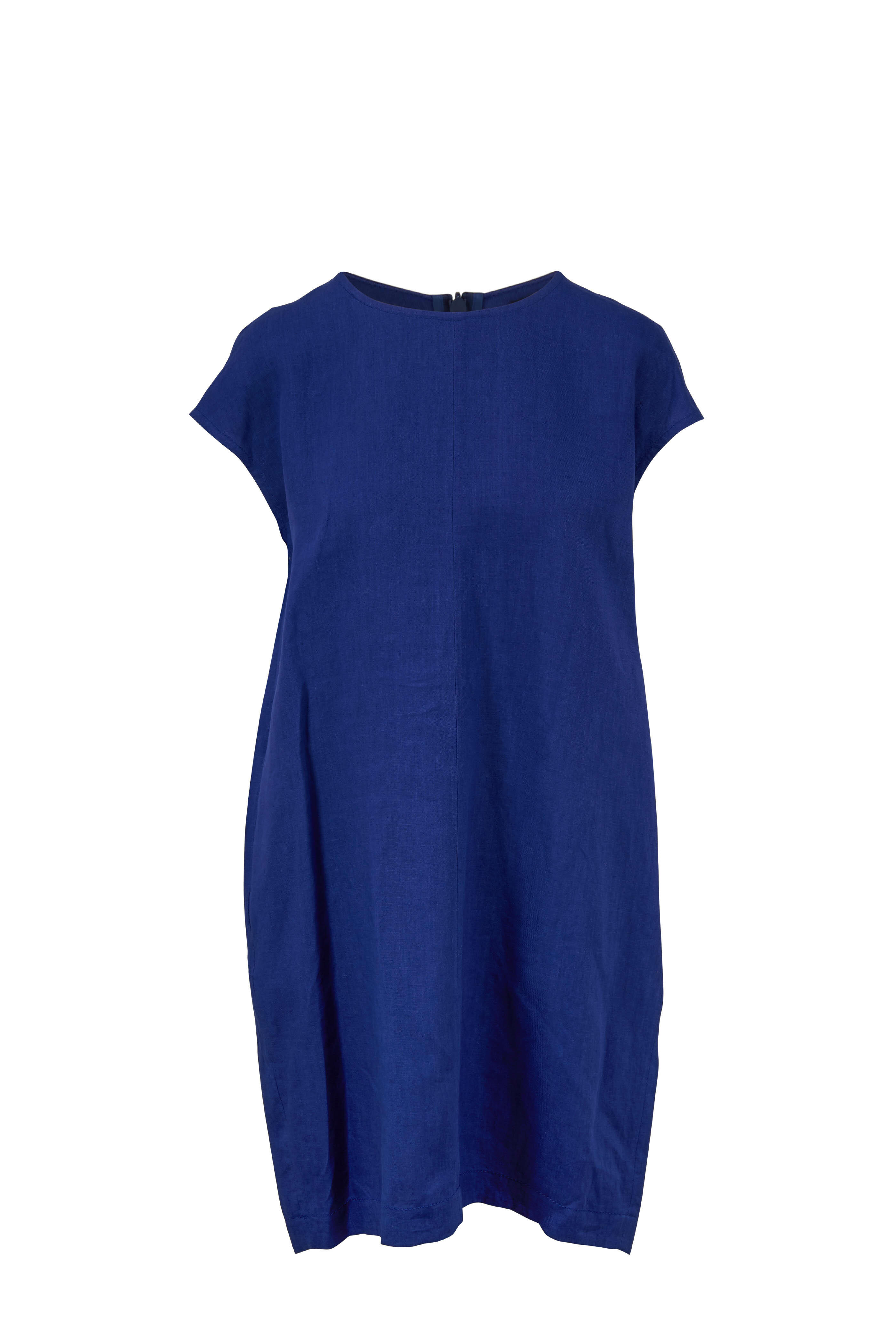 Antonelli - Lamped Blue Linen Cap Sleeve Dress