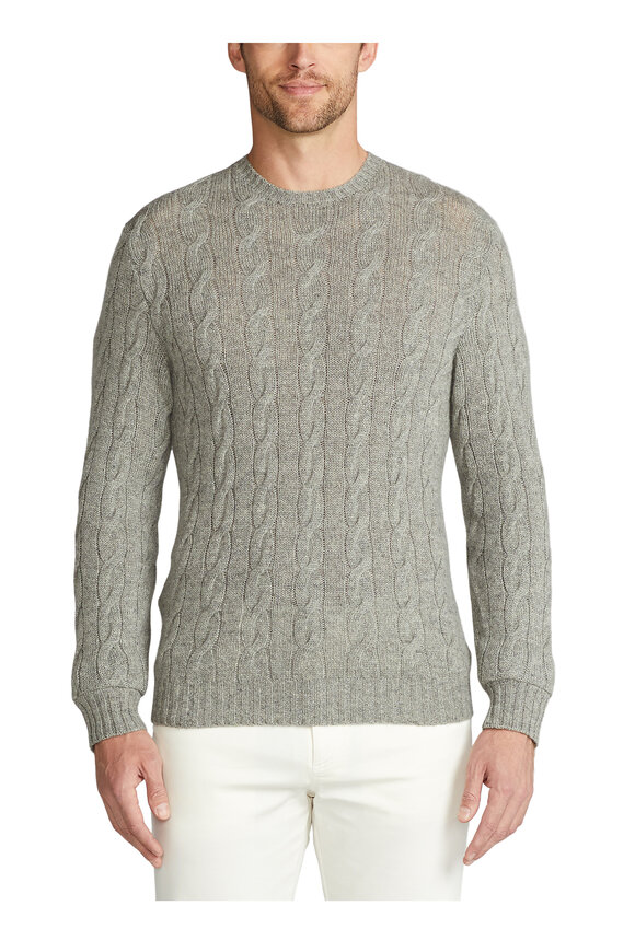 Ralph Lauren Purple Label - Light Gray Cashmere Cable Knit Crewneck Sweater