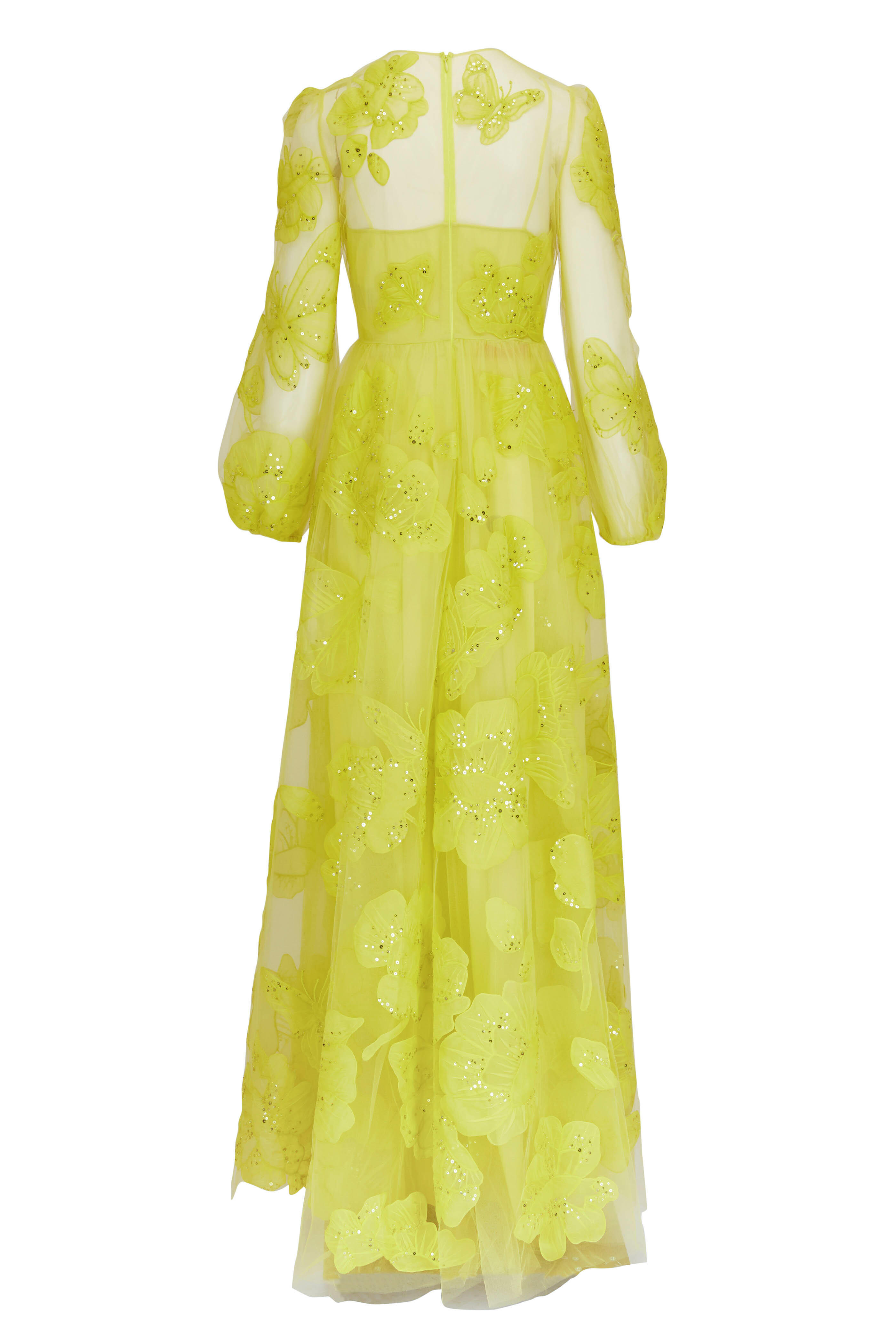 Valentino - Lemon Lime Embroidered Sheer Long Sleeve Gown