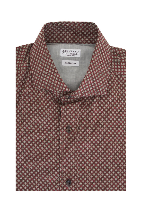 Brunello Cucinelli Red Geometric Print Cotton Sport Shirt 