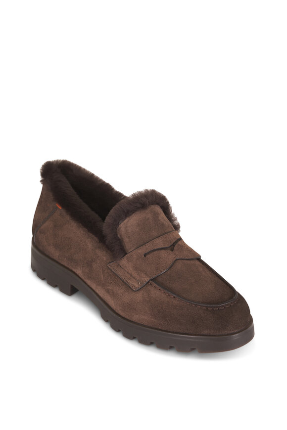 Santoni Detr Dark Brown Suede Shearling Loafer - view 1