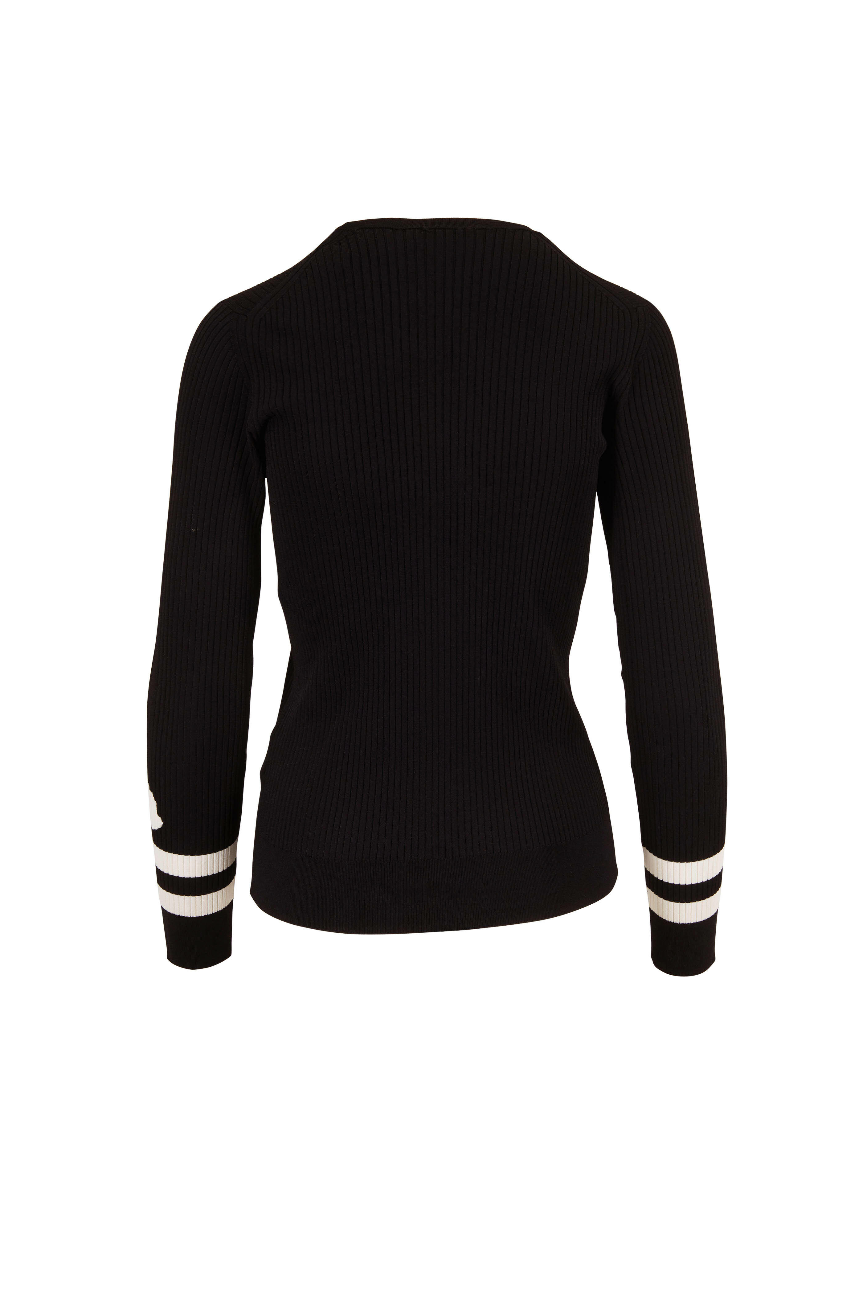 MONCLER Vネックニット 黒と白のストライプ Moncler - Black Crewneck Stripe Cuff Ribbed Knit Top