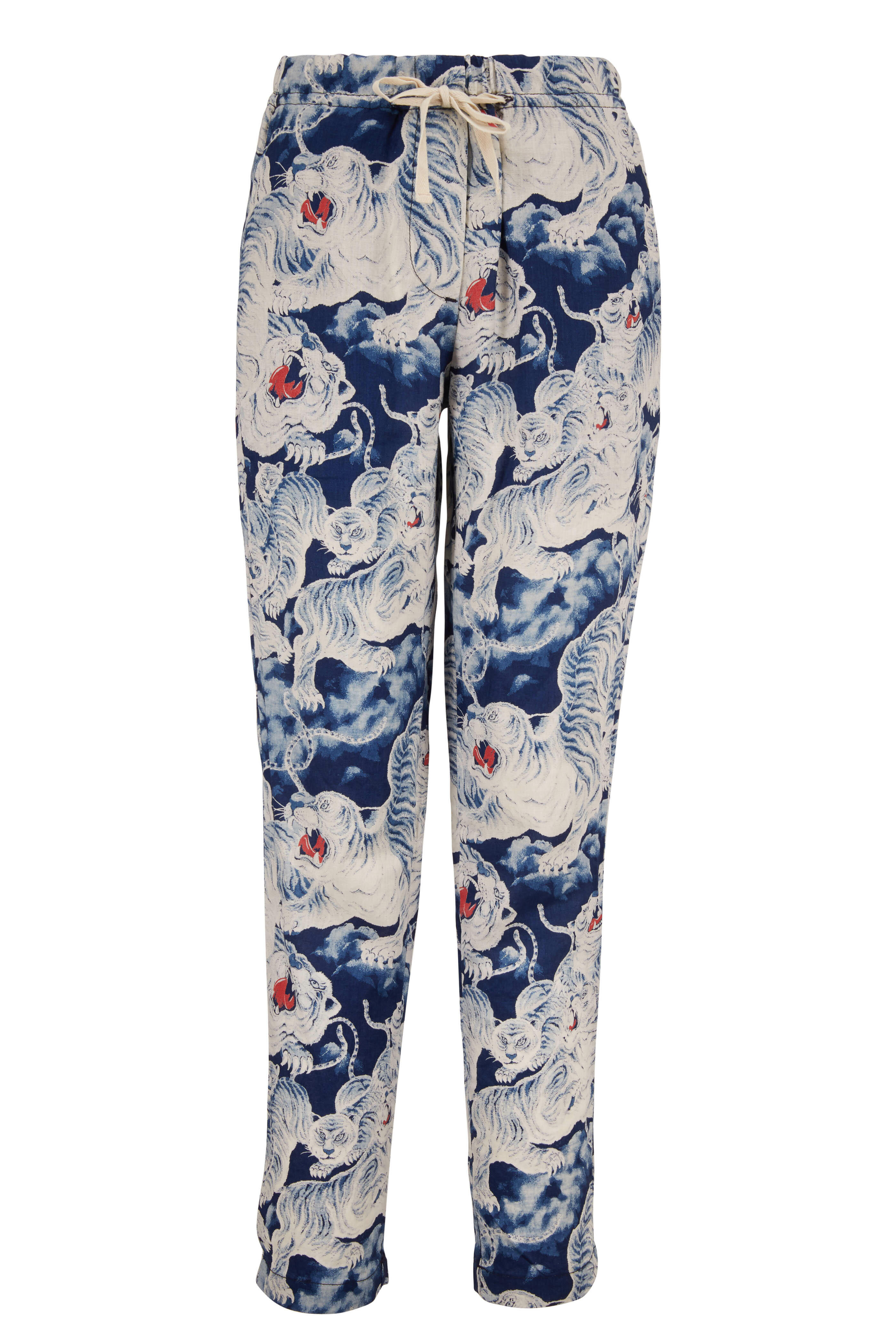 Overlover - Yucca Blue & White Tiger Print Linen Pant