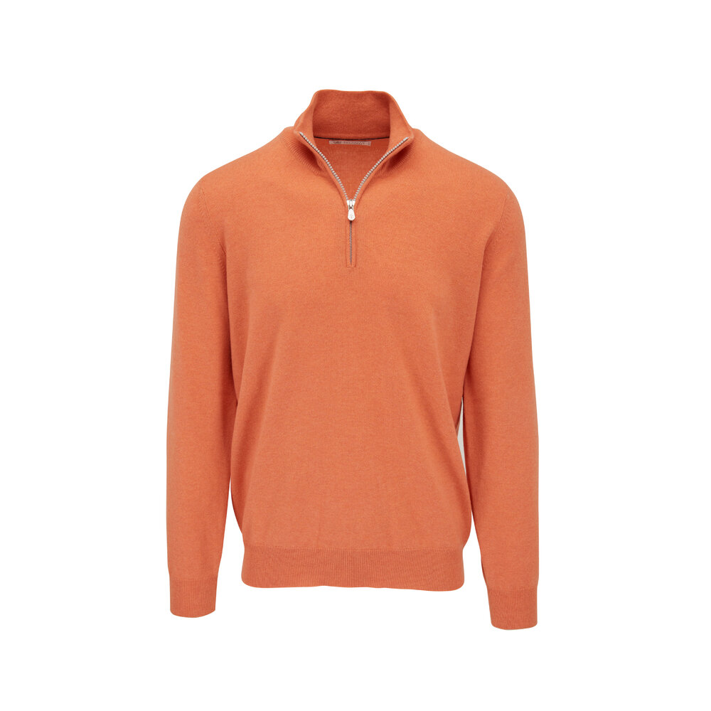 ニット・セーター BRUNELLO CUCINELLI Men Sweater Orange MOH709200 CXH35 Brunello Cucinelli - Orange Cashmere Quarter Zip Pullover