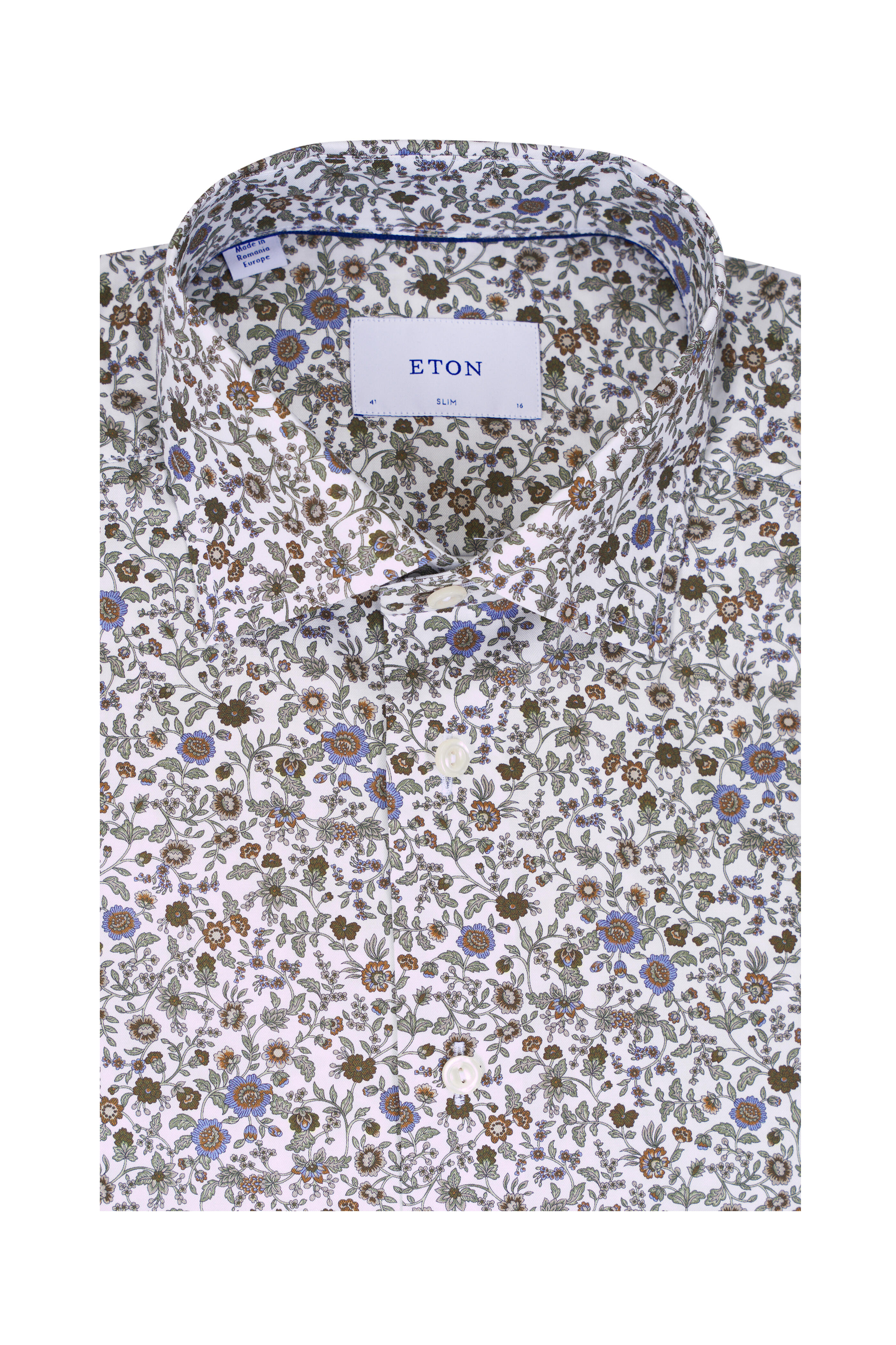 Eton - Brown & Green Floral Print Cotton Dress Shirt