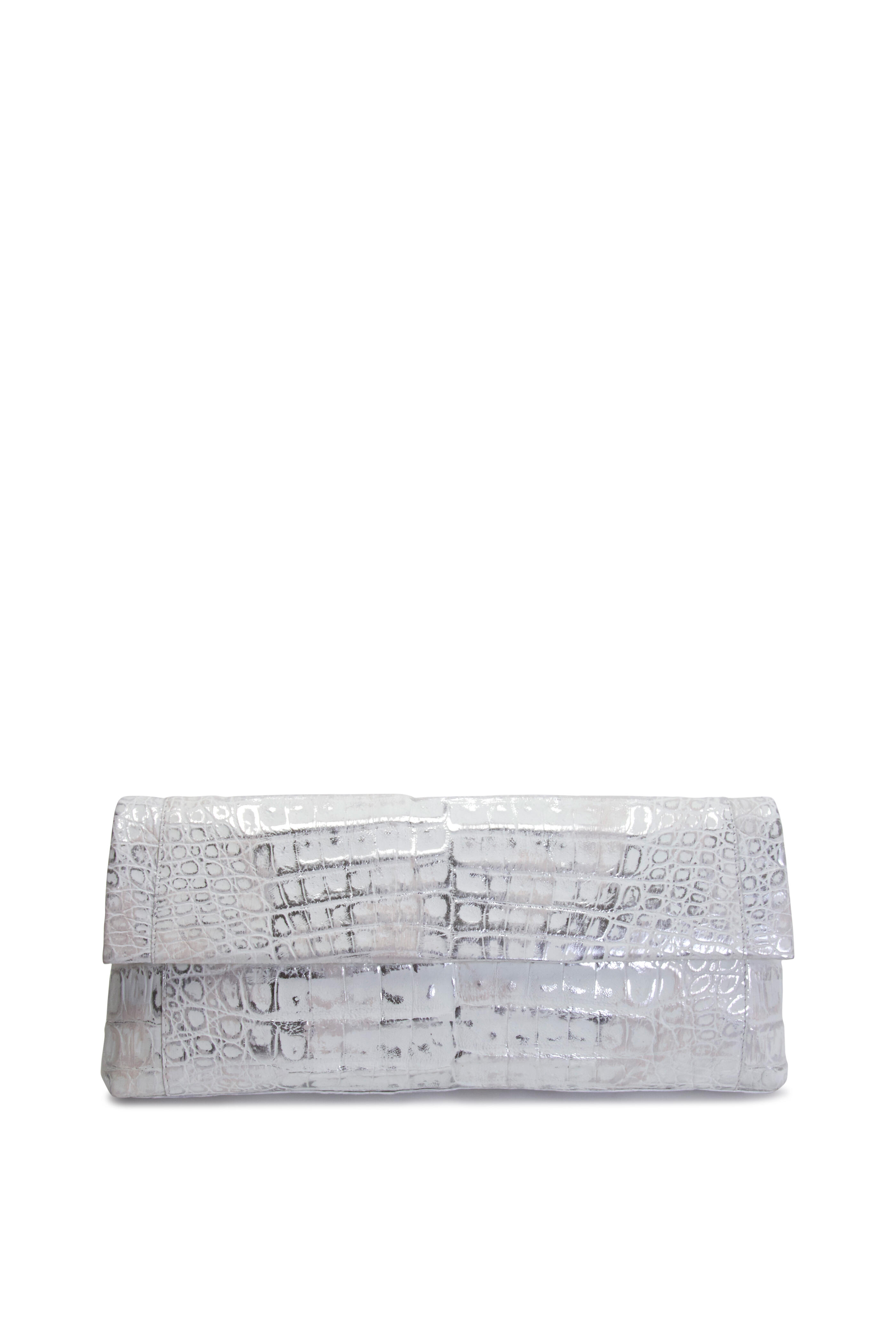 Nancy Gonzalez - East West Flap Crocodile White & Silver Clutch