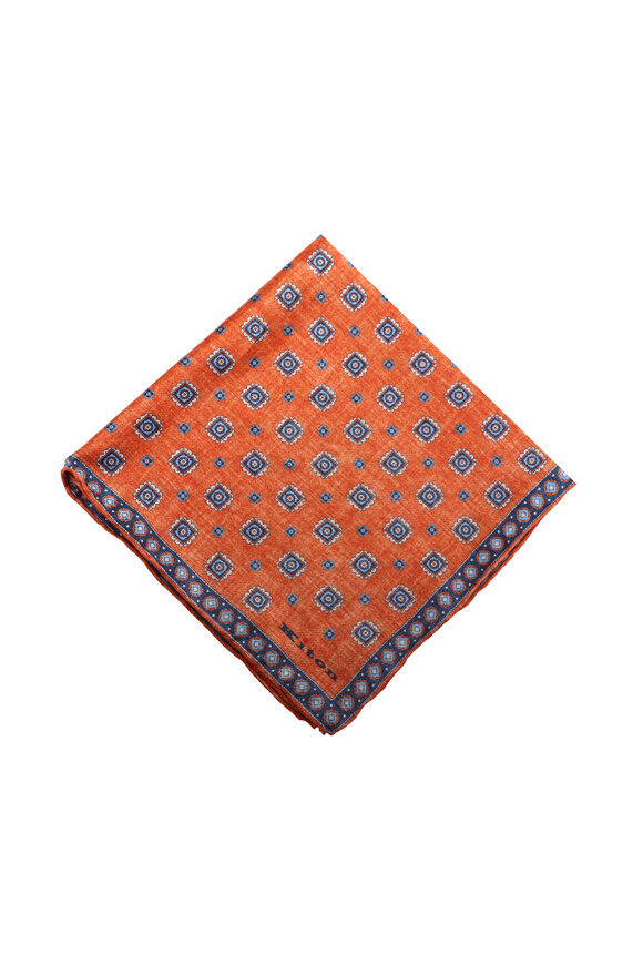 Kiton Orange Geometric Print Silk Pocket Square - view 1