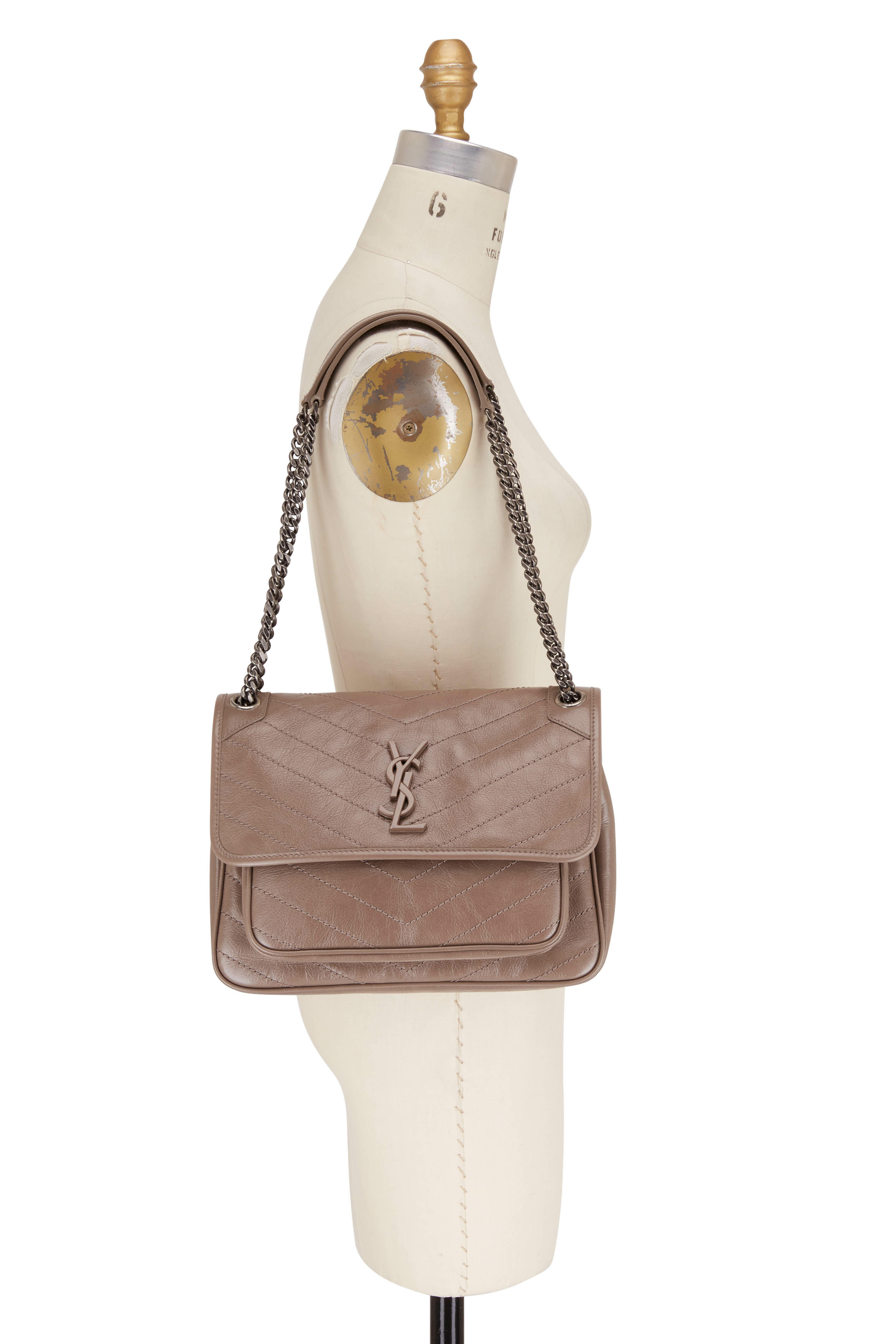 Saint Laurent Medium Niki Crinkled Matelassé Leather Shoulder Bag Tan Brown
