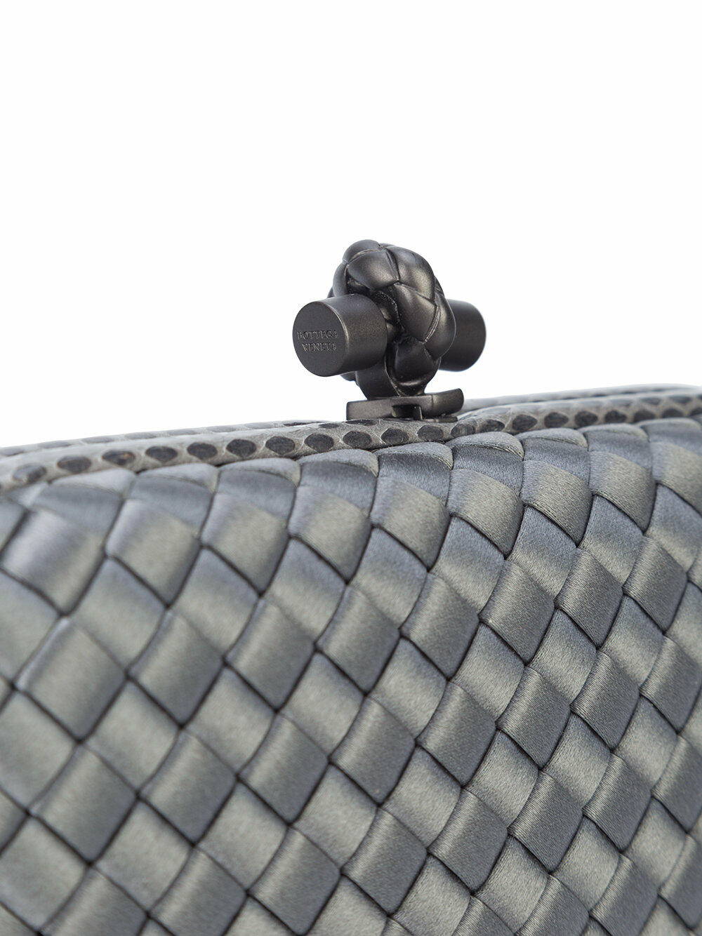 Bottega Veneta - Grey Satin Intrecciato & Snakeskin Knot Clutch