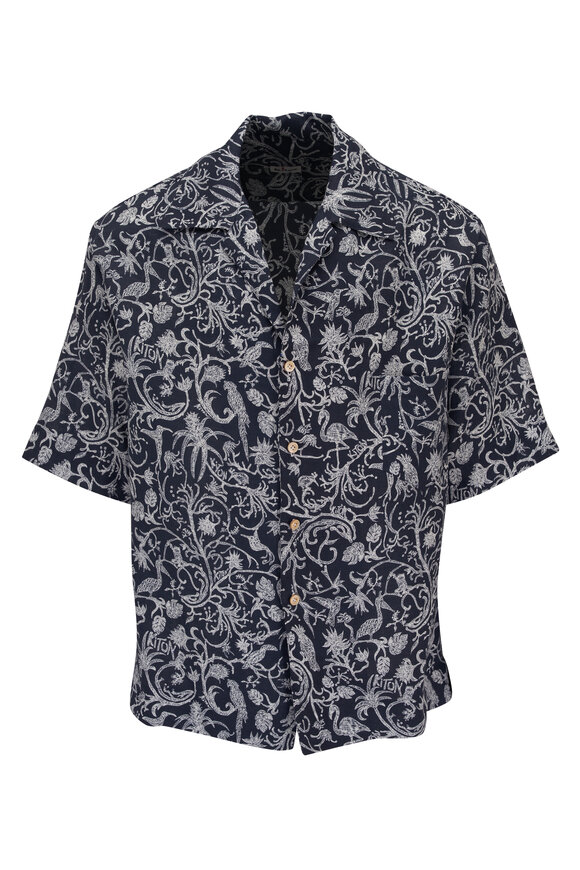 Kiton Navy & White Tropical Print Linen Shirt