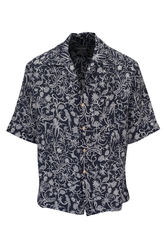 Kiton - Navy & White Tropical Print Linen Shirt