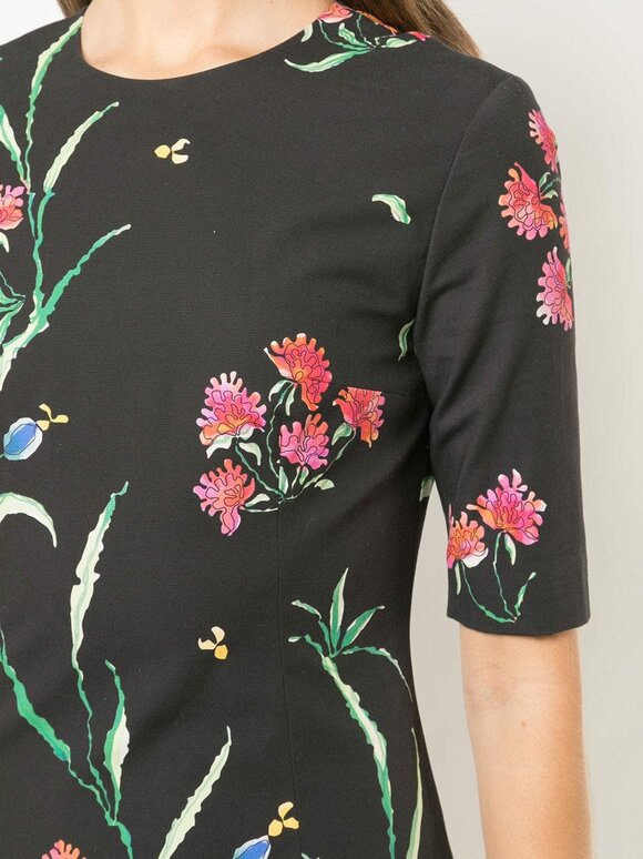 Carolina Herrera - Black Floral Print Elbow-Sleeve Trumpet Midi Dress