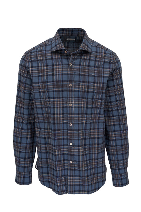 Giannetto - Charcoal Blue Check Cotton & Linen Sport Shirt