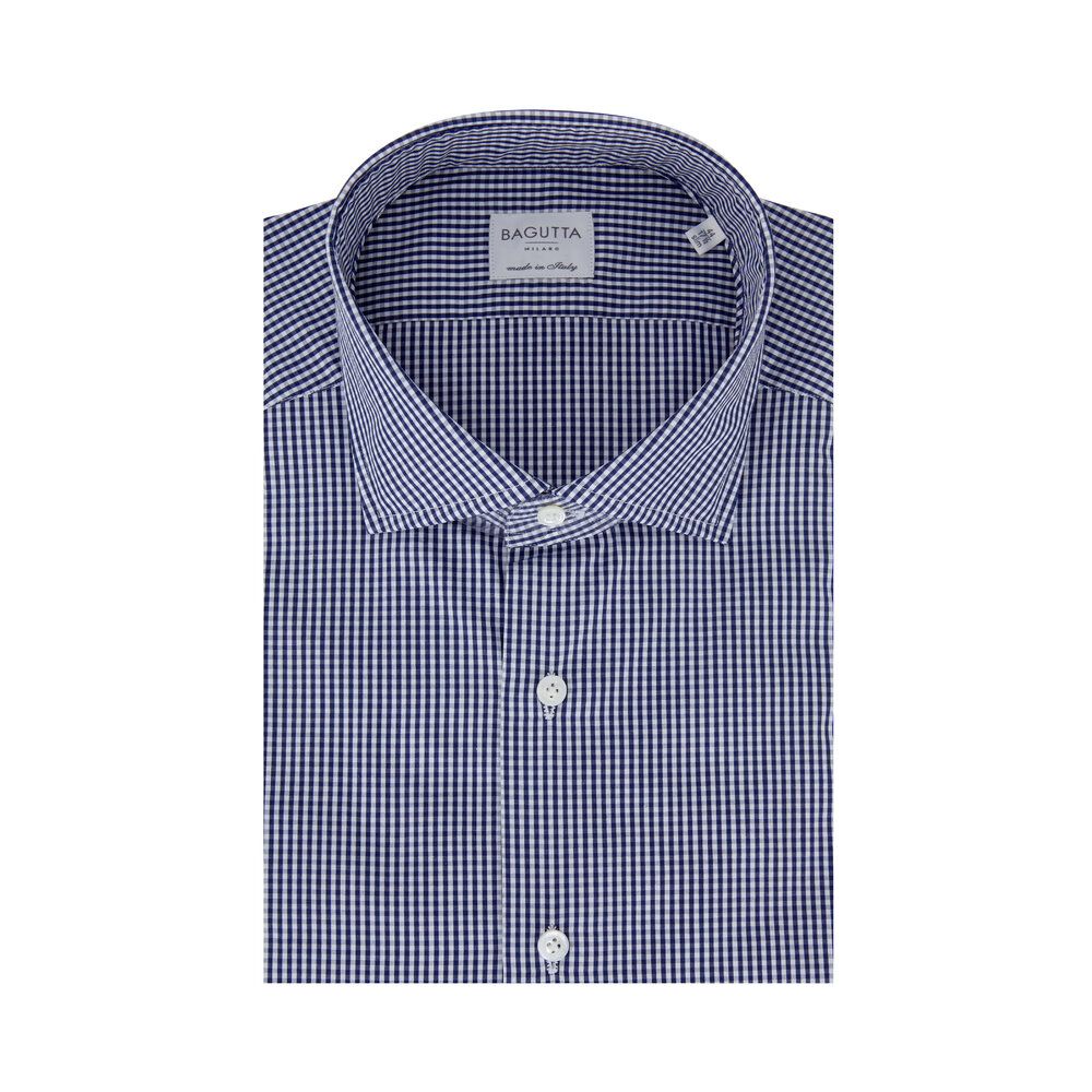 Bagutta - Navy Blue Gingham Slim Fit Dress Shirt