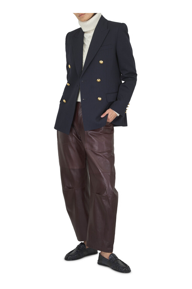 Designer outfit featuring Le Loafer Navy Foldable Nappa Leather Flat, Bruni Midnight Wool Double-Breasted Blazer and 2 other pieces