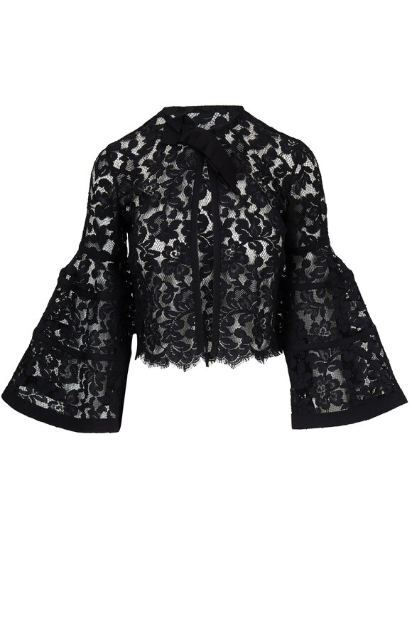Carolina Herrera - Black Floral Lace Bell Sleeve Crop Cardigan