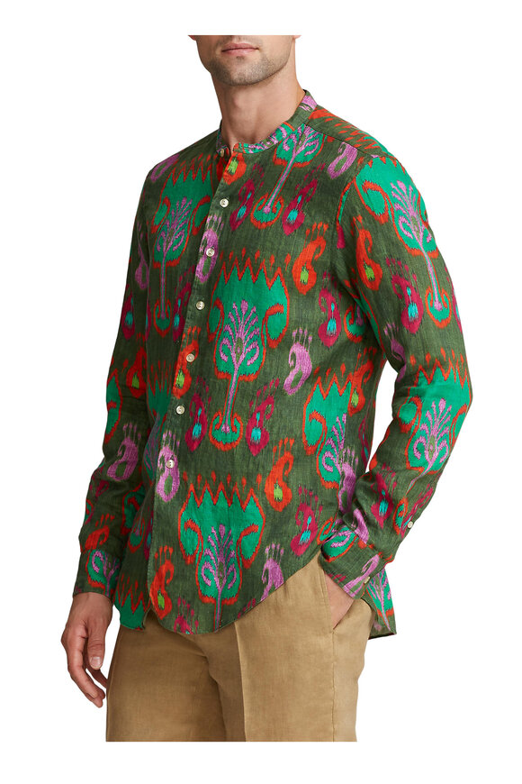 Ralph Lauren Purple Label - Sahara Green Ikat Print Linen Shirt 