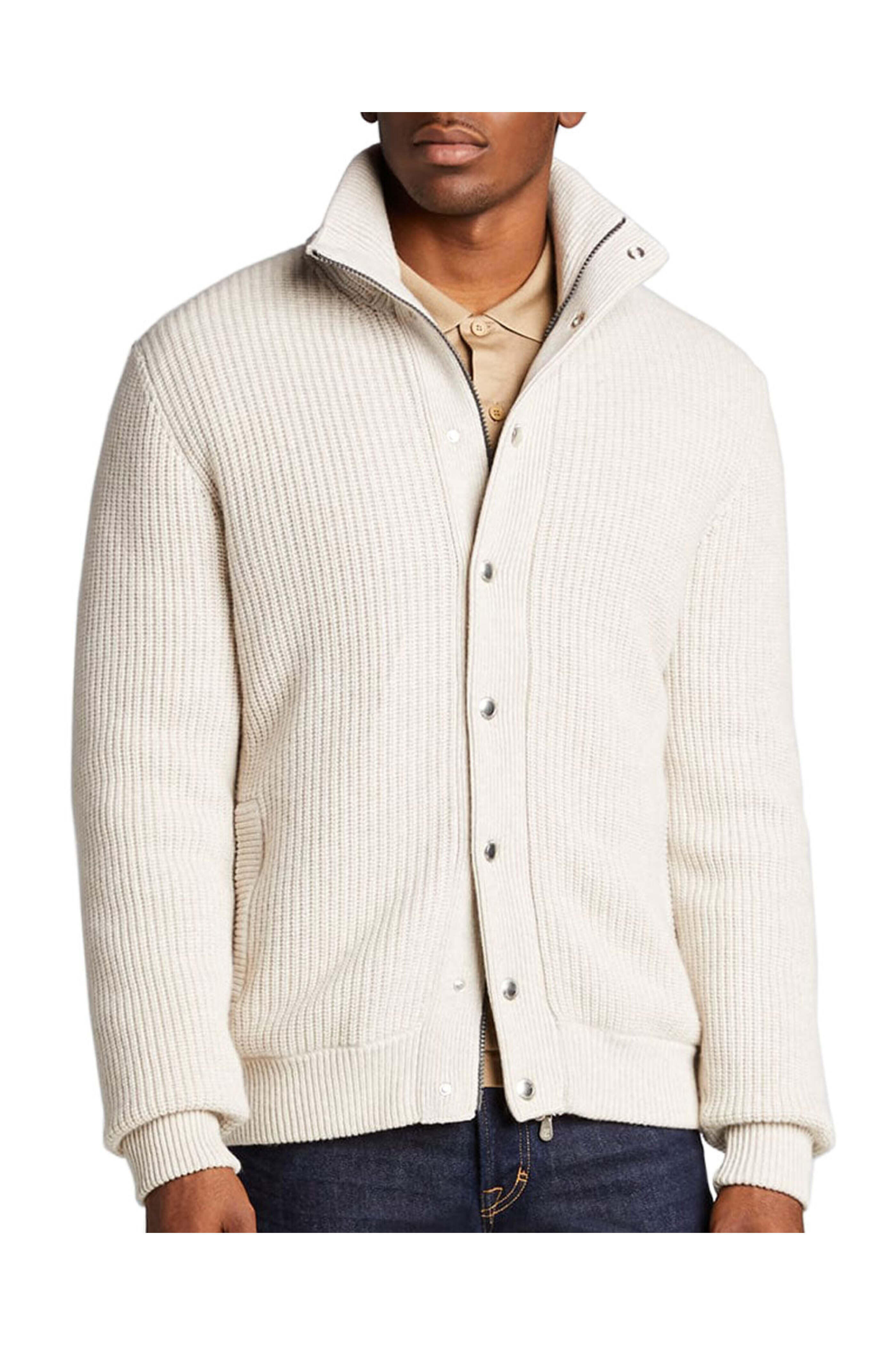 Brunello Cucinelli - Cream Ribbed Knit Cashmere Bomber Jacket