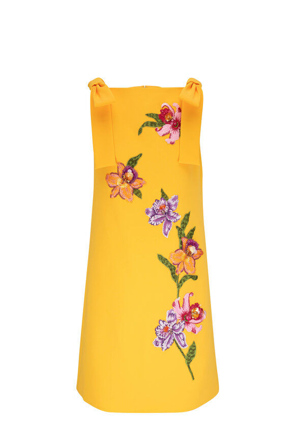 Carolina Herrera Yellow Floral Embroidered Tie Shoulder Shift Dress