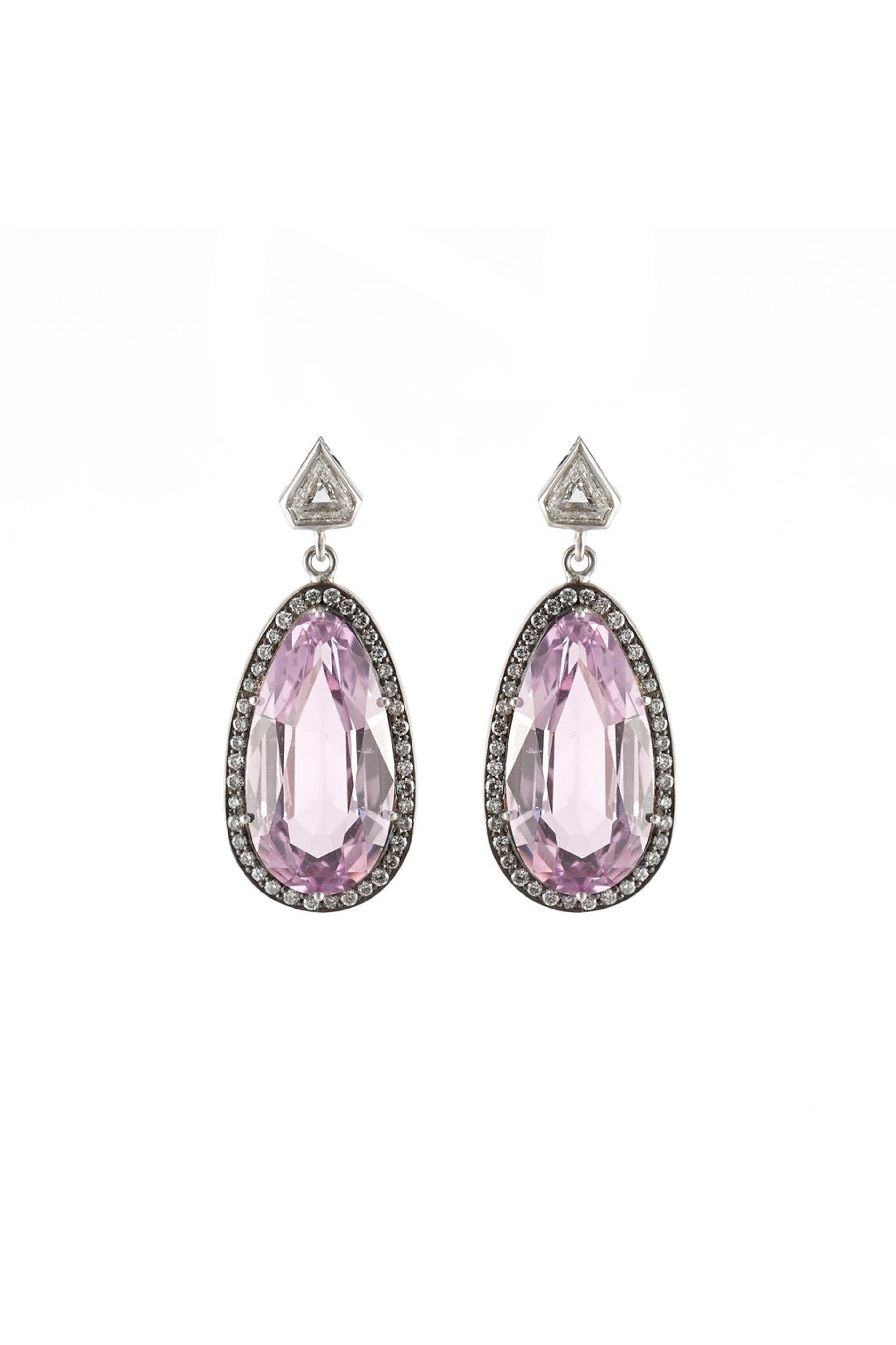 Sylva & Cie - Kunzite & Diamond Oval Drop Earrings - view 1
