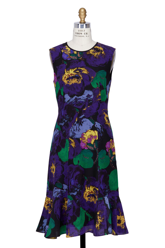 Erdem - Purple Floral Print Silk Panel Sleeveless Dress