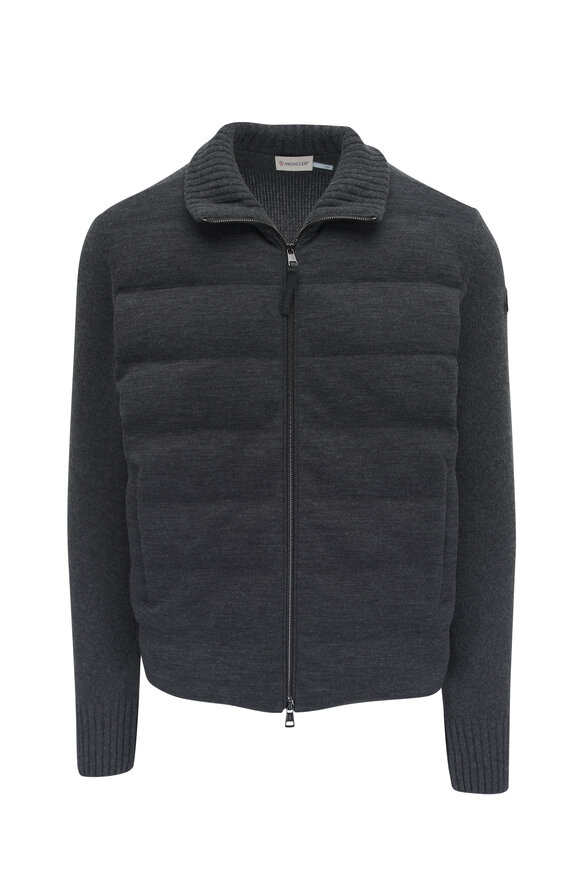 Moncler Charcoal Gray Mixed Media Quilted Down Cardigan