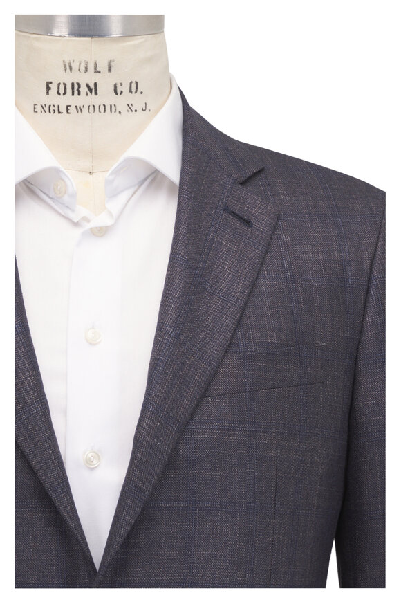 Canali Kei Brown & Navy Plaid Silk & Cashmere Sportcoat