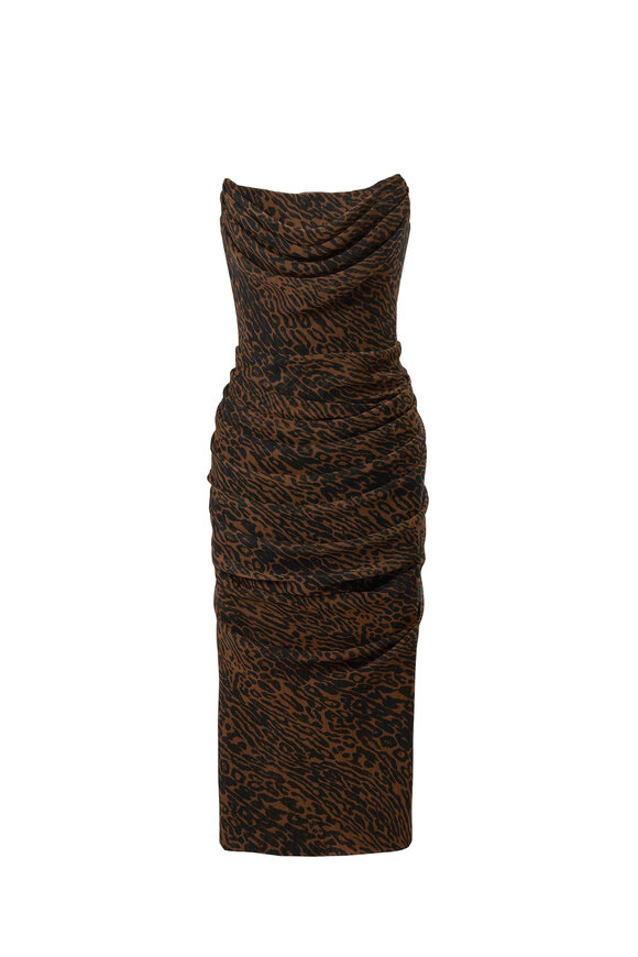 Carolina Herrera Black & Brown Animal Print Draped Strapless Dress - view 6